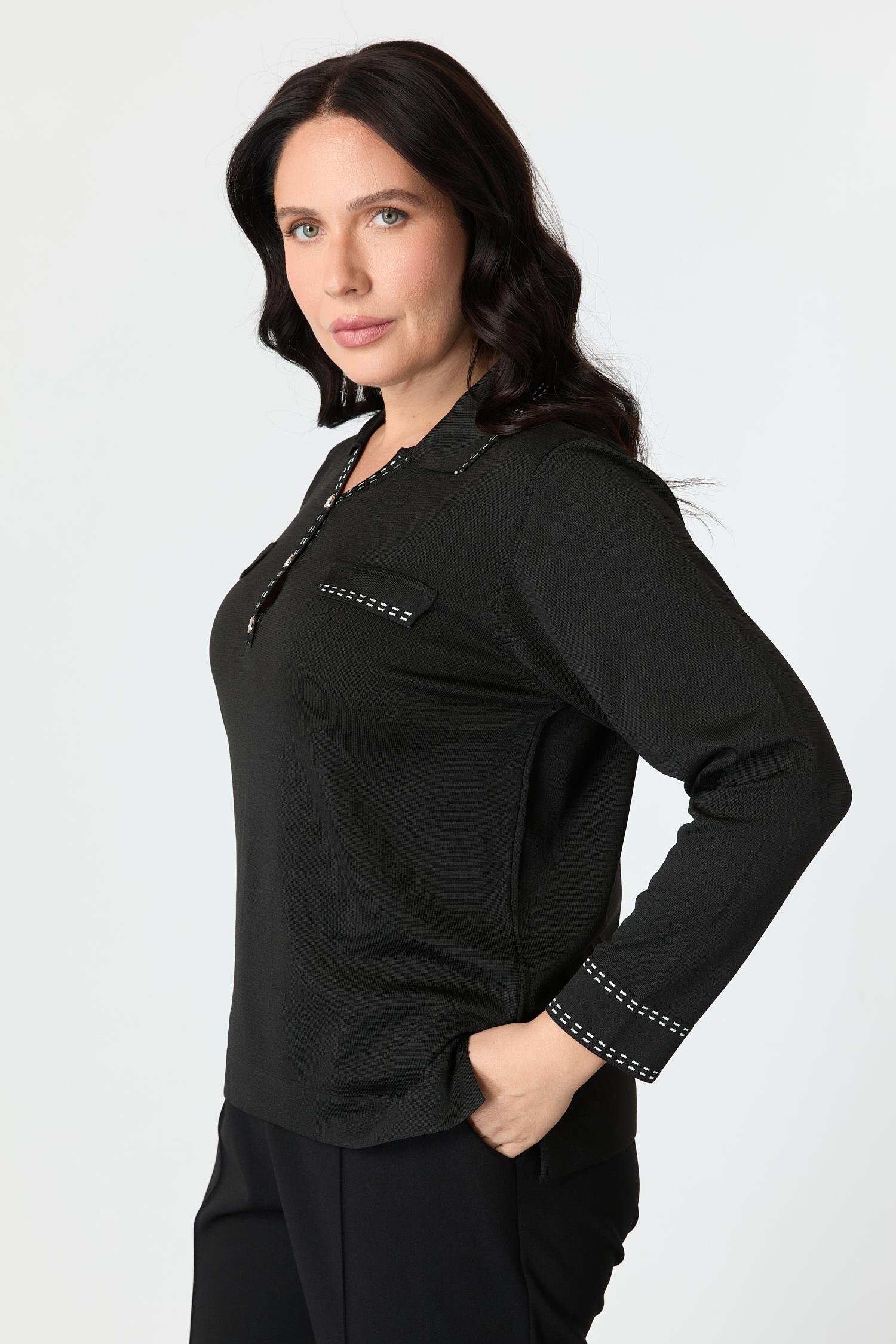 Büyük Beden Ribana Detaylı Triko Kazak-SİYAH