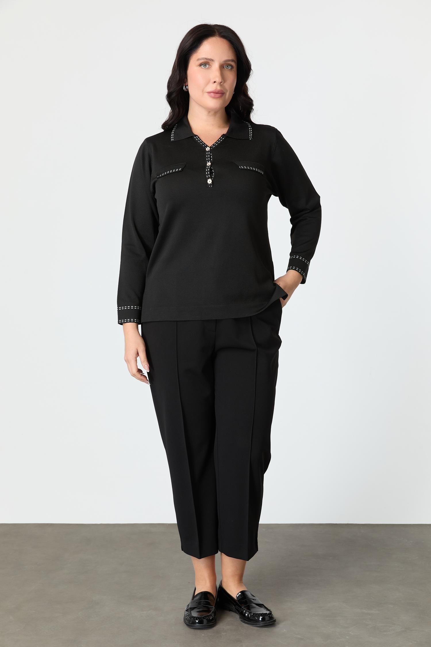 Büyük Beden Ribana Detaylı Triko Kazak-SİYAH