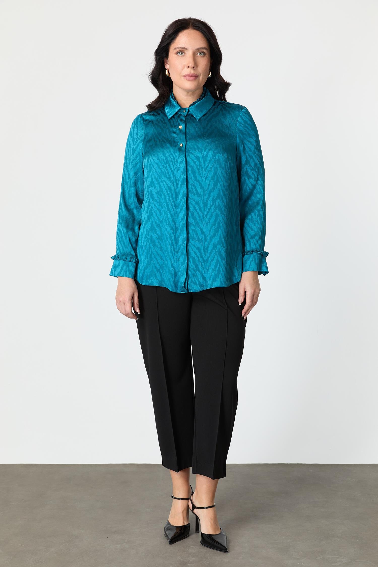 Büyük Beden Saten Görünümlü Gömlek-PETROL