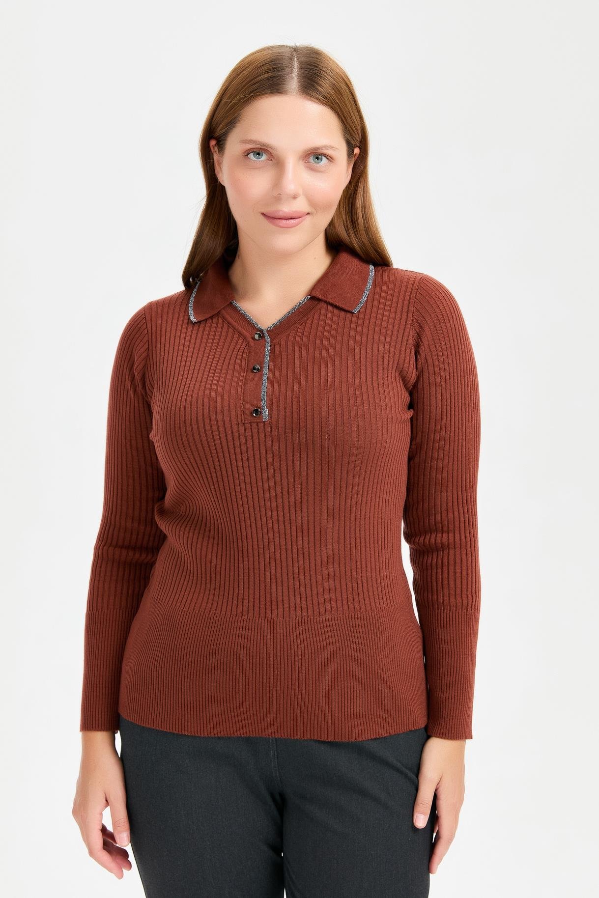 Büyük Beden Simli Polo Yaka Triko Kazak - TARÇIN