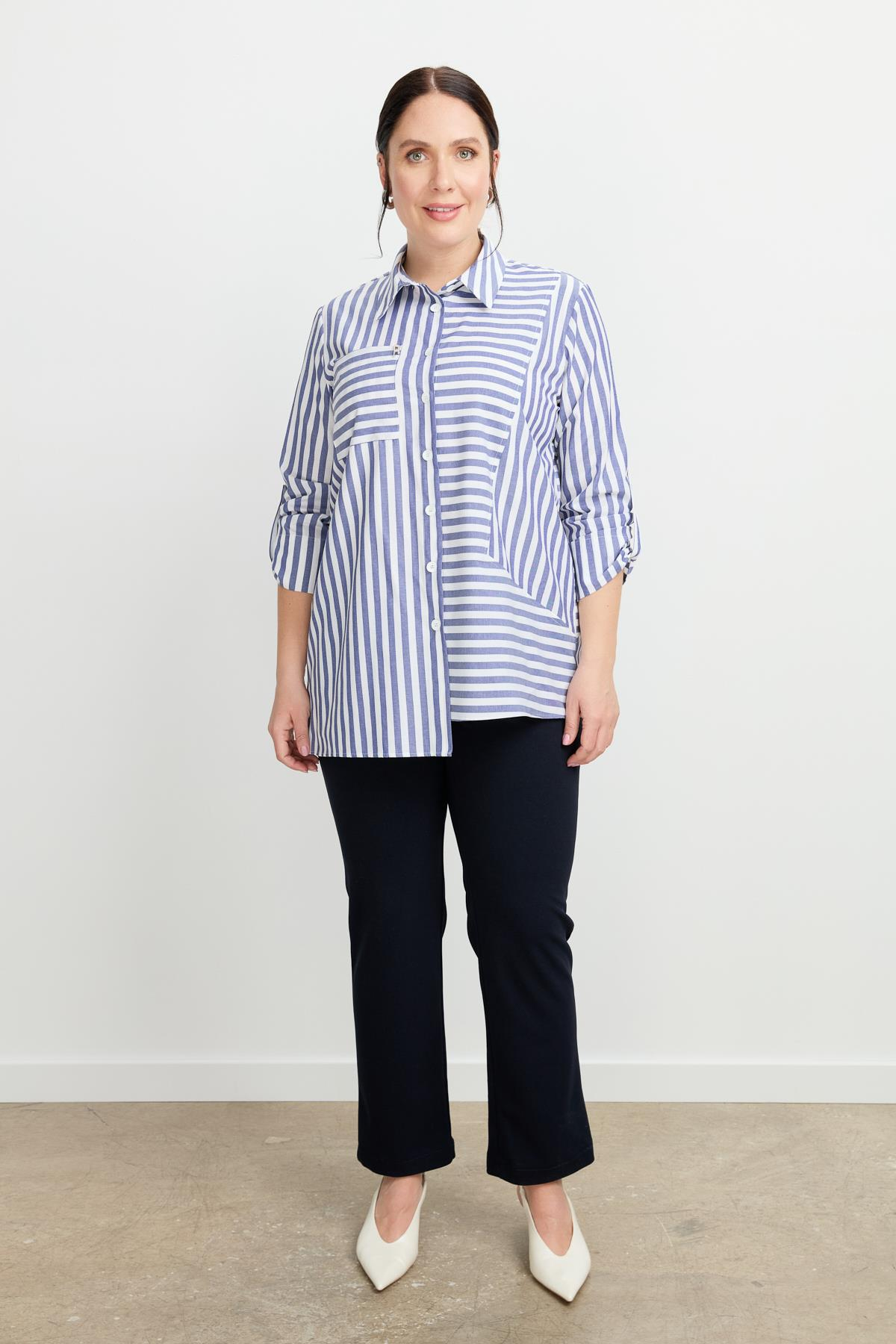 Büyük Beden Soyut Çizgi Gömlek-İNDİGO