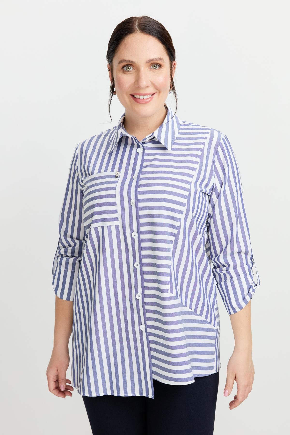 Büyük Beden Soyut Çizgi Gömlek-İNDİGO