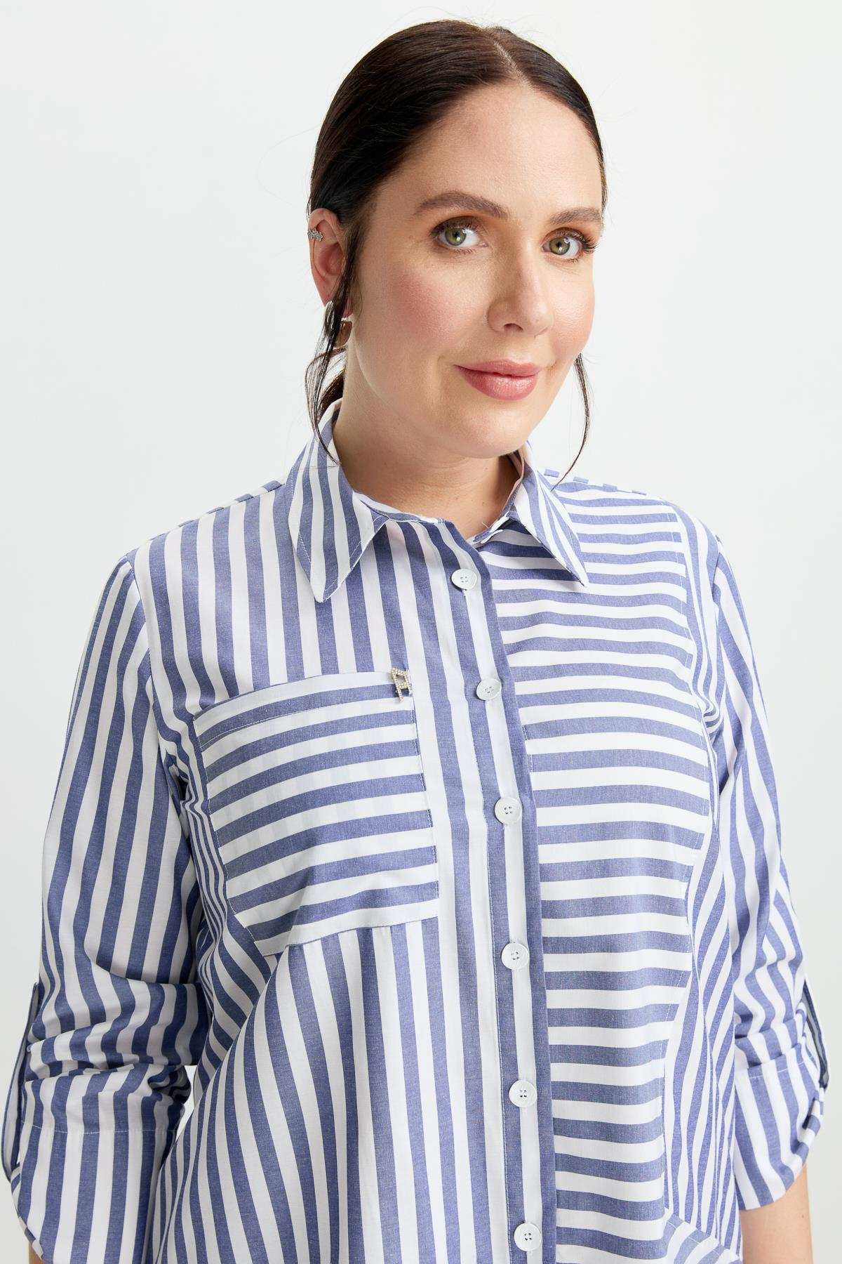 Büyük Beden Soyut Çizgi Gömlek-İNDİGO