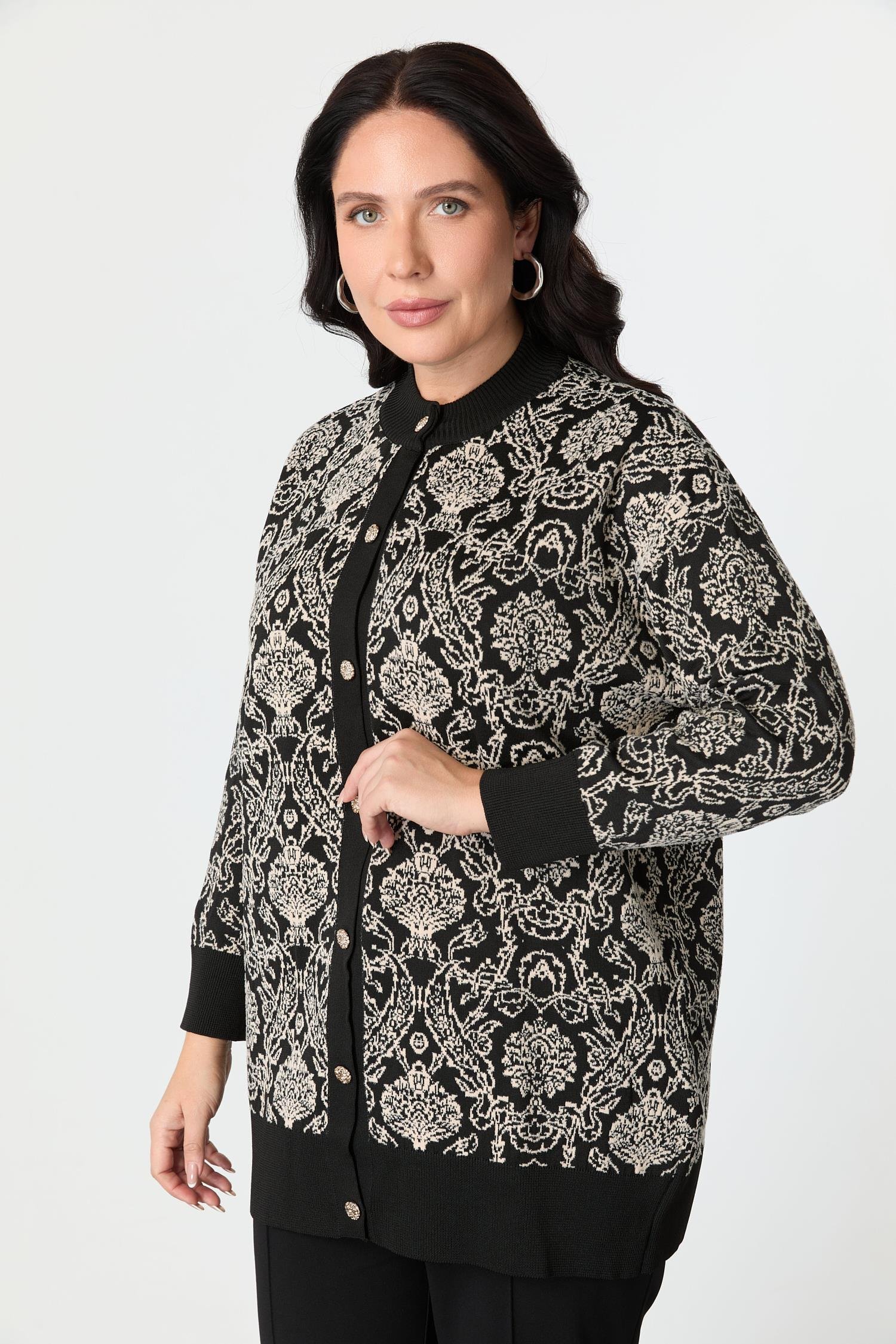 Büyük Beden Soyut Desenli Triko Hırka-SİYAH/KEMİK