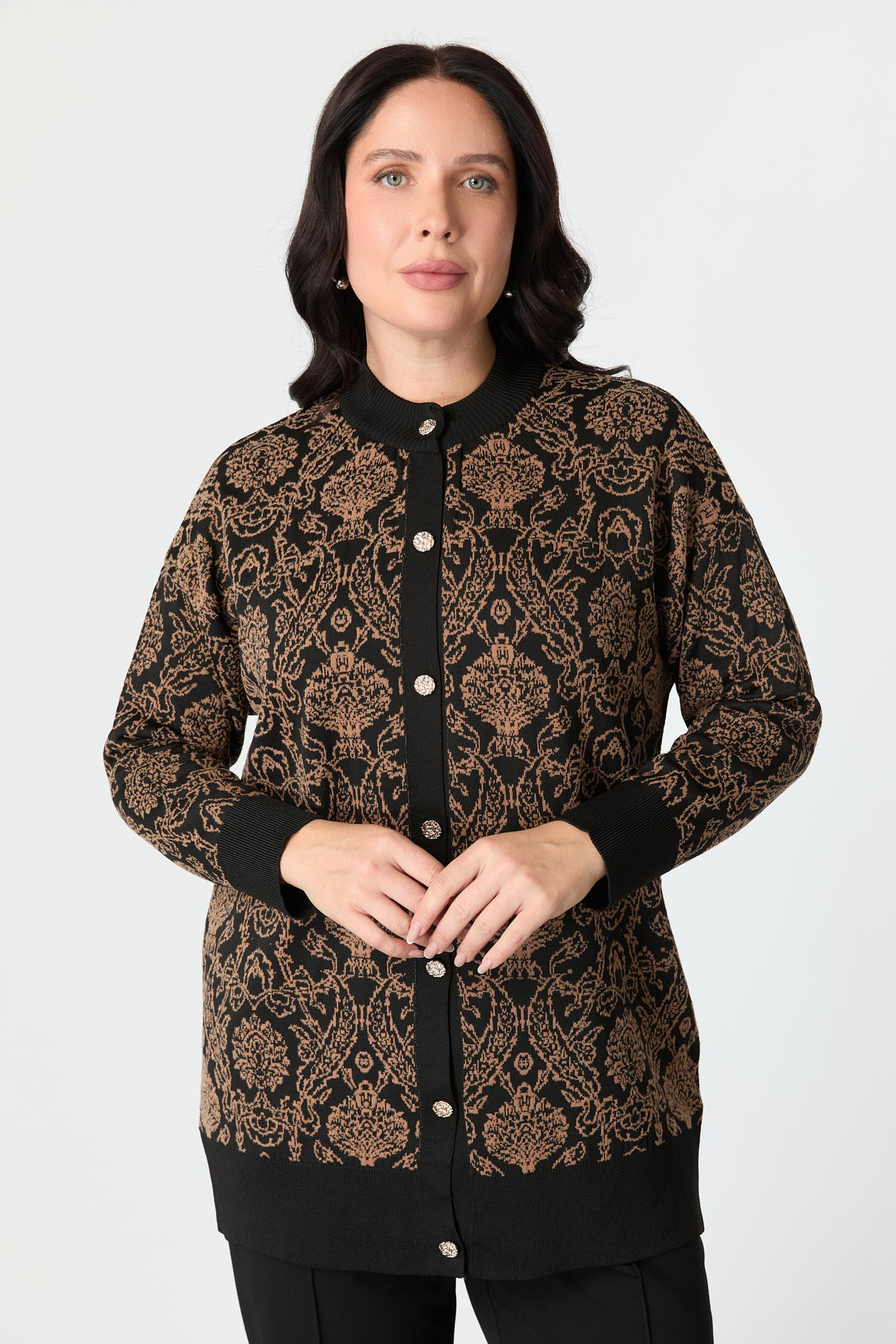 Büyük Beden Soyut Desenli Triko Hırka-SİYAH/CAMEL