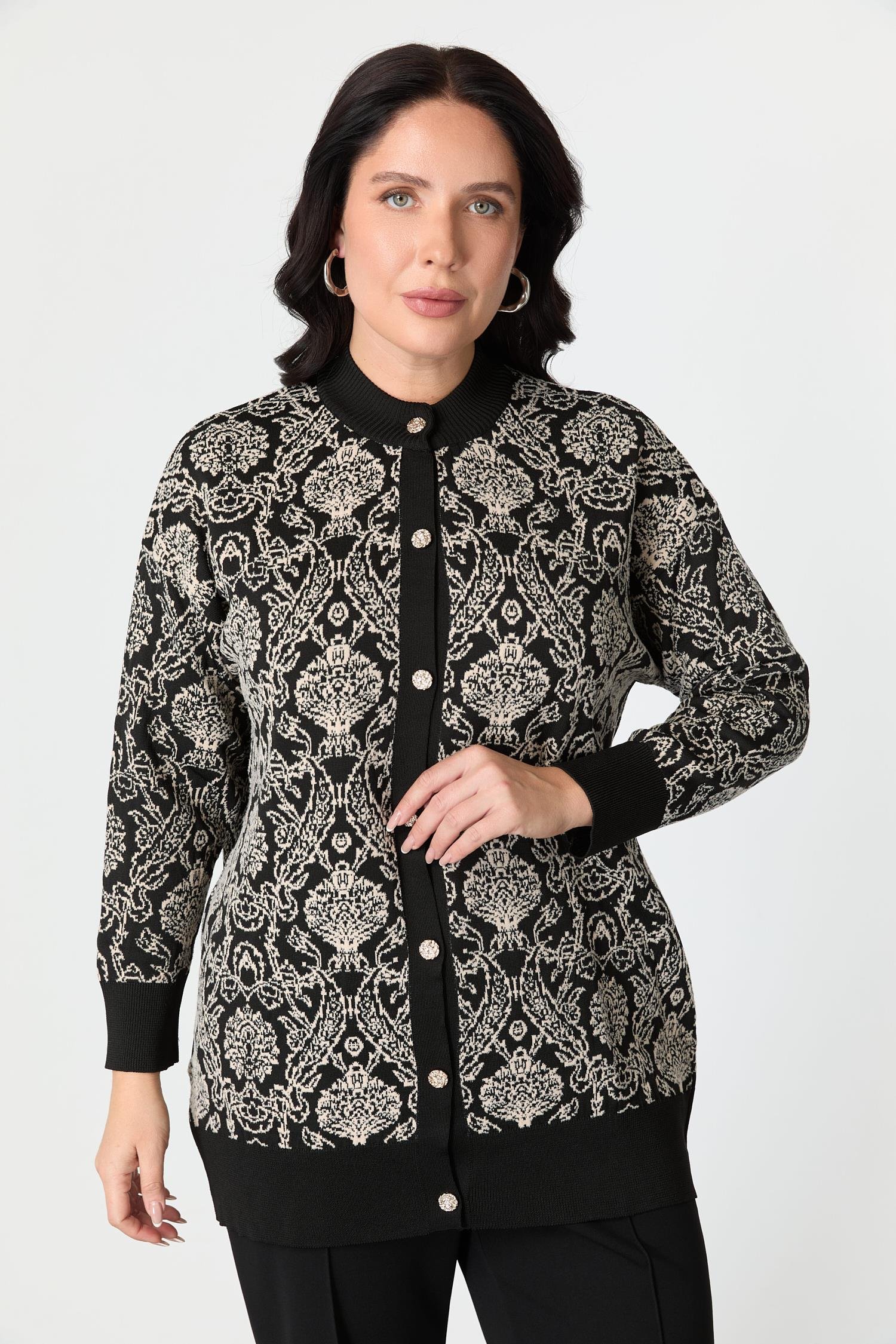 Büyük Beden Soyut Desenli Triko Hırka-SİYAH/KEMİK