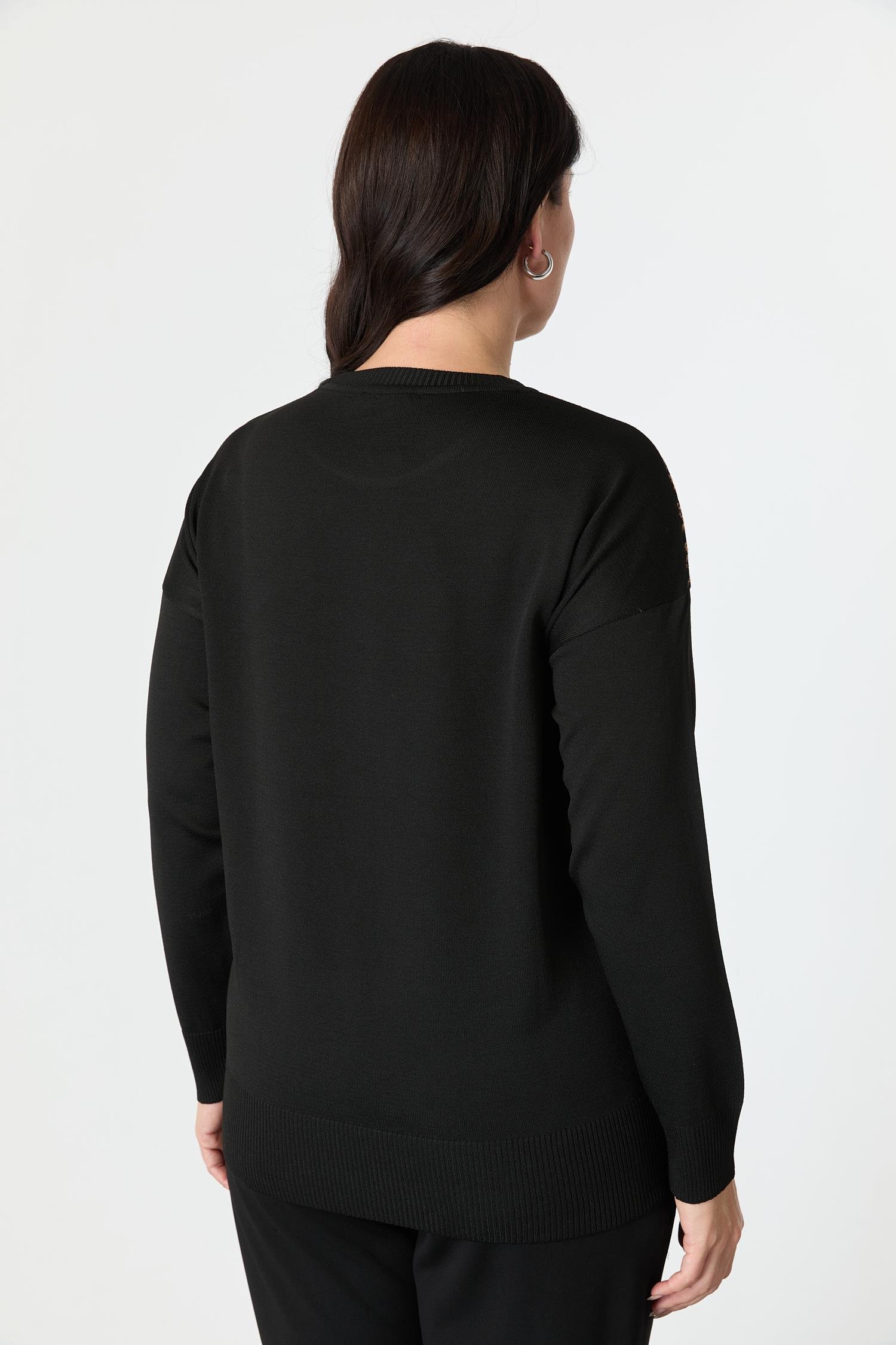 Büyük Beden Soyut Desenli Triko Kazak-SİYAH/CAMEL