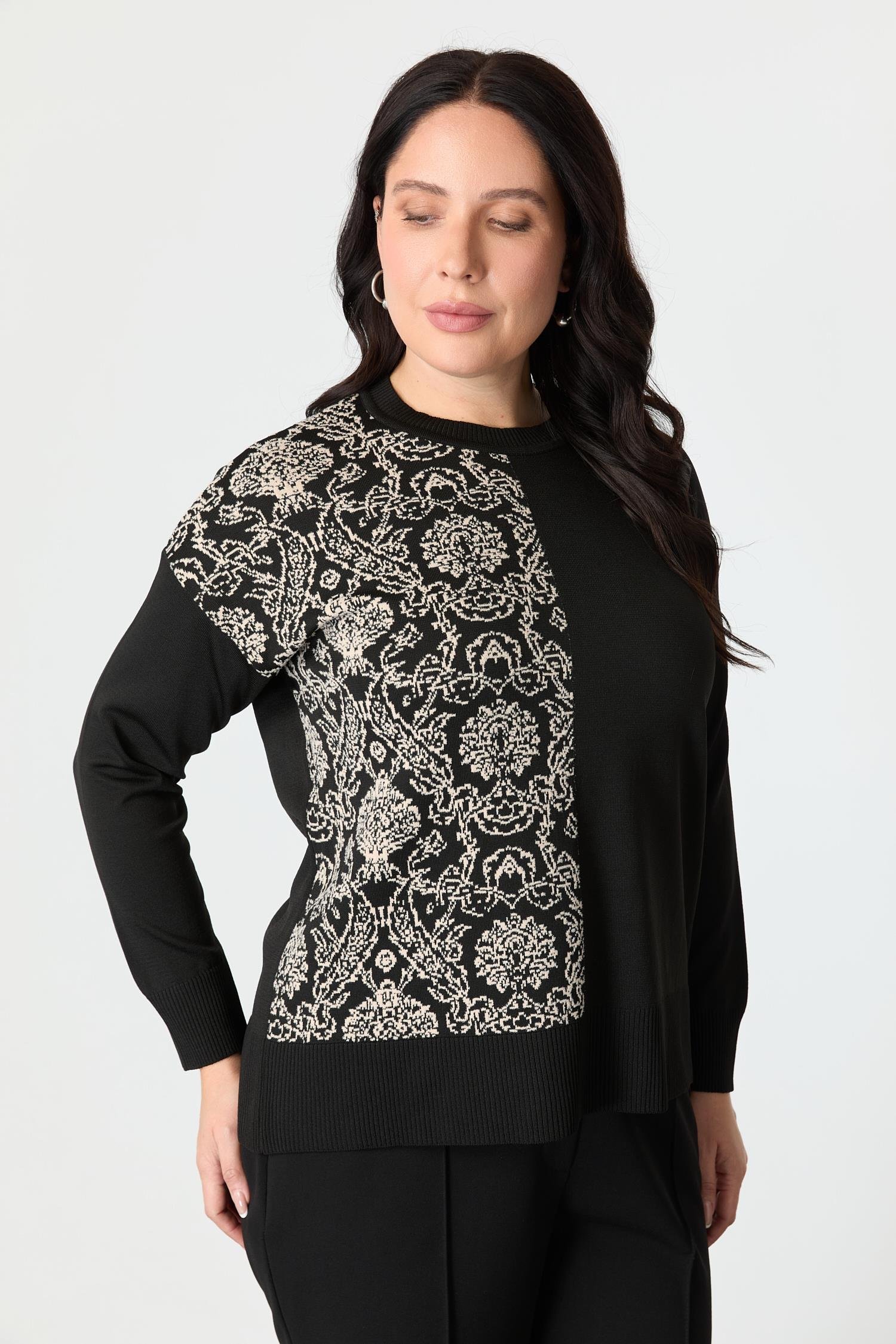 Büyük Beden Soyut Desenli Triko Kazak-SİYAH/KEMİK