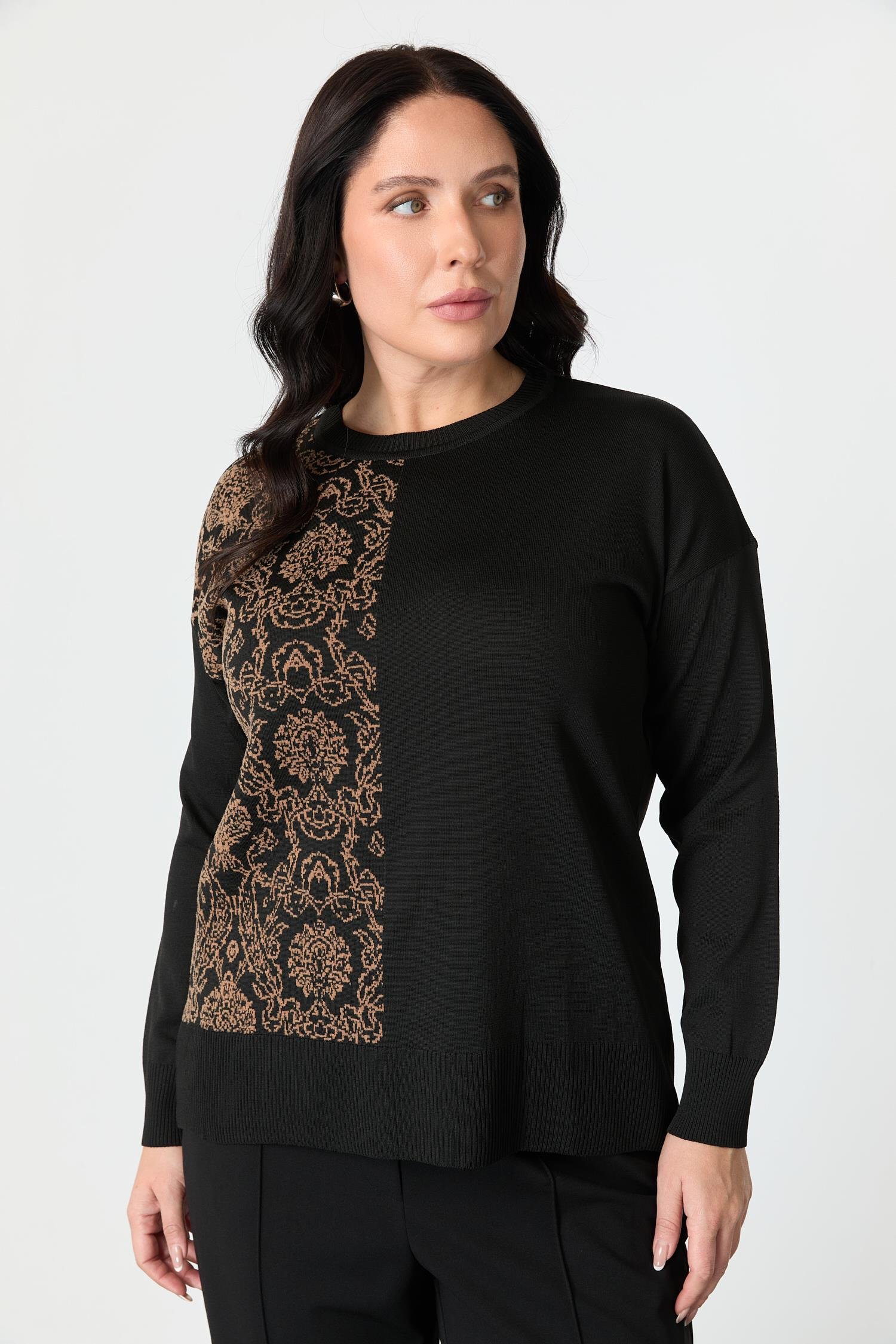 Büyük Beden Soyut Desenli Triko Kazak-SİYAH/CAMEL