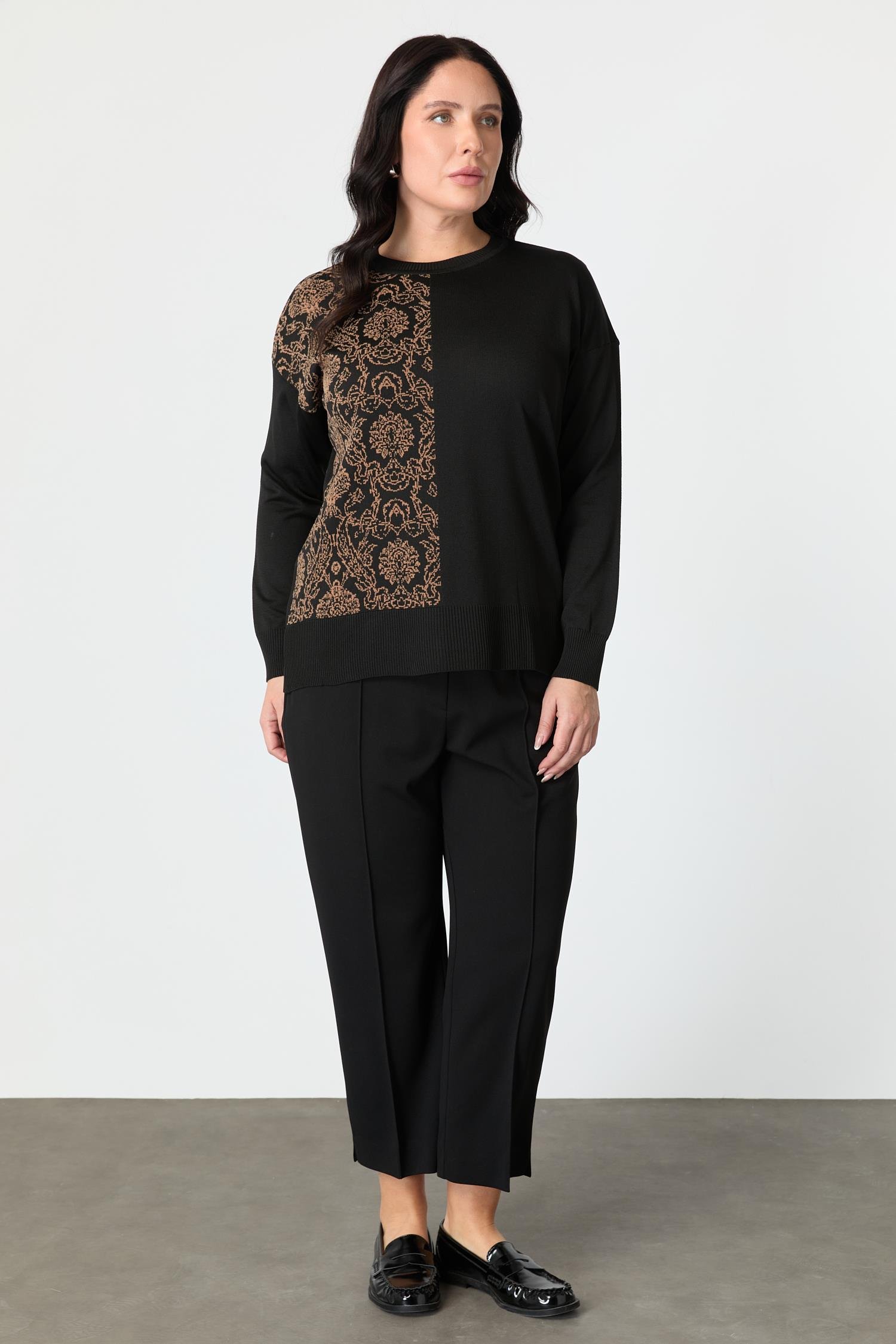 Büyük Beden Soyut Desenli Triko Kazak-SİYAH/CAMEL