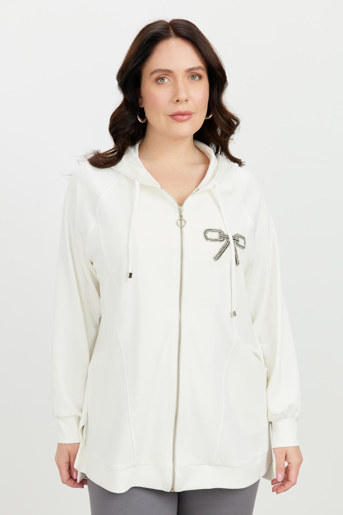 Büyük Beden Taş Baskı Sweatshirt-EKRU