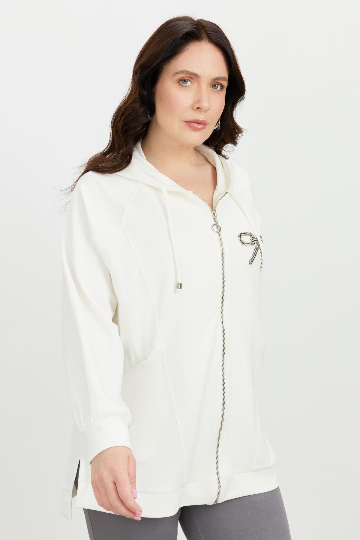 Büyük Beden Taş Baskı Sweatshirt-EKRU