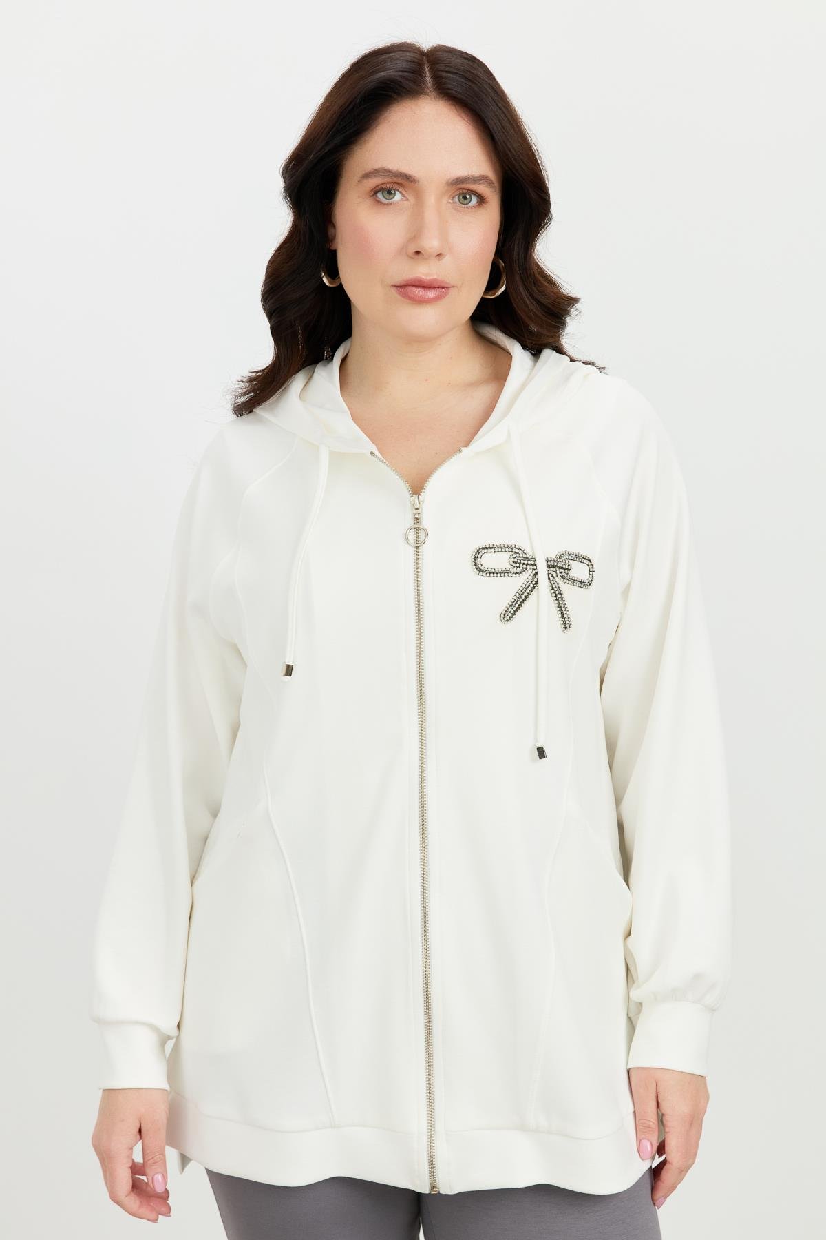 Büyük Beden Taş Baskı Sweatshirt-EKRU