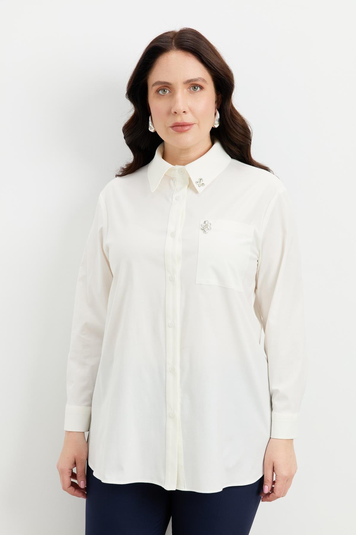 Büyük Beden Taş Detay Gömlek-KEMIK