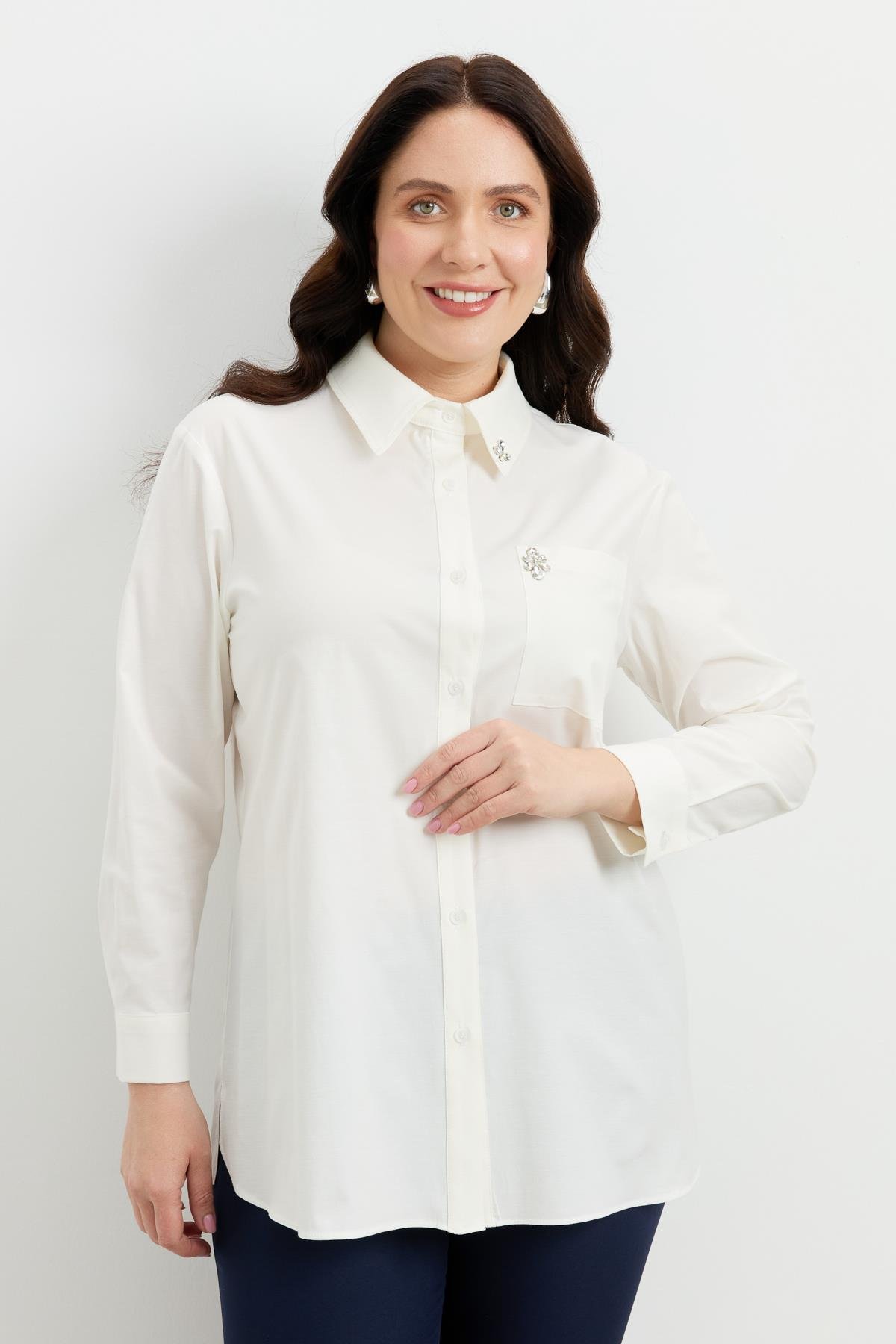 Büyük Beden Taş Detay Gömlek-KEMIK