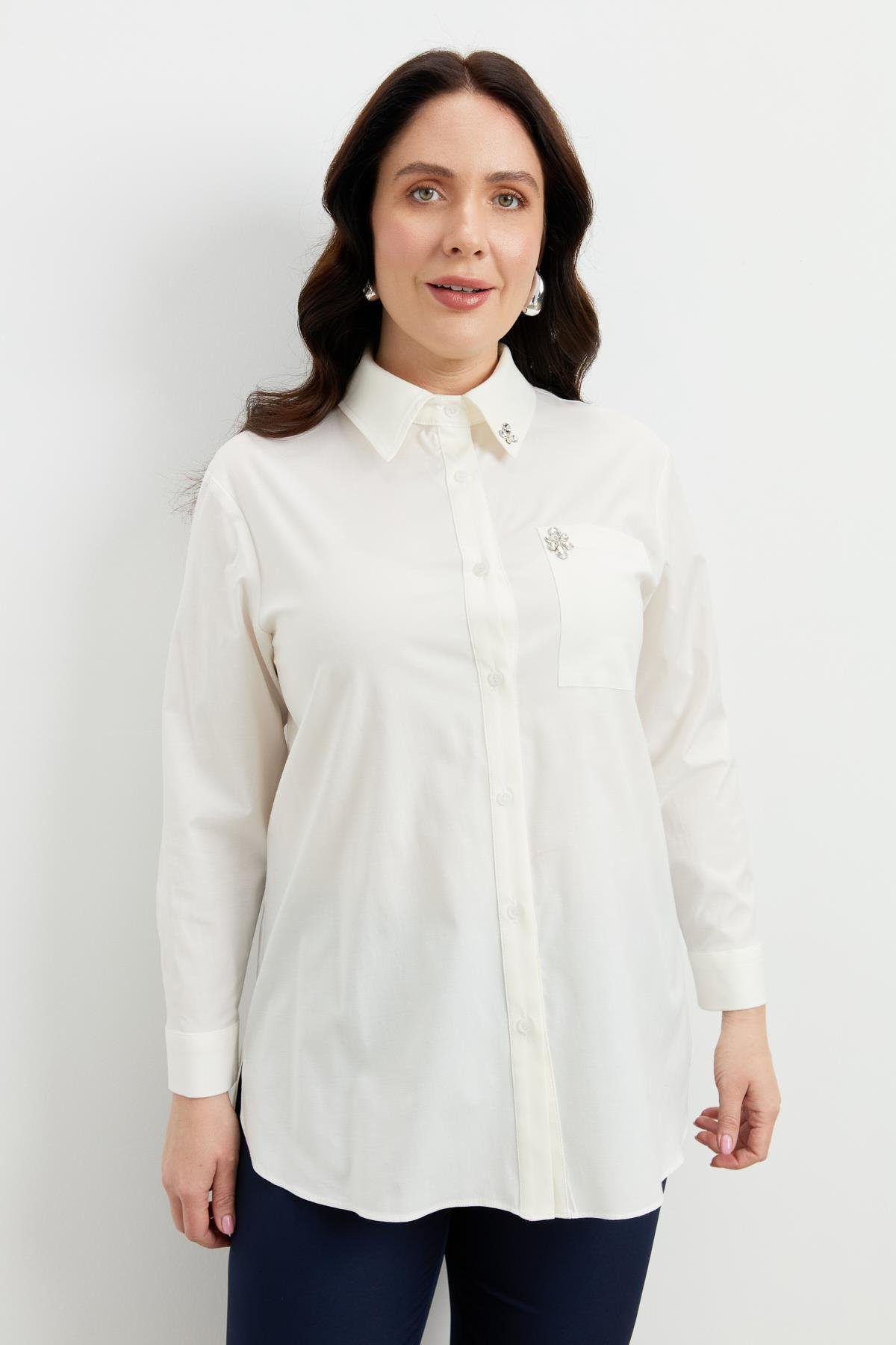 Büyük Beden Taş Detay Gömlek-KEMIK