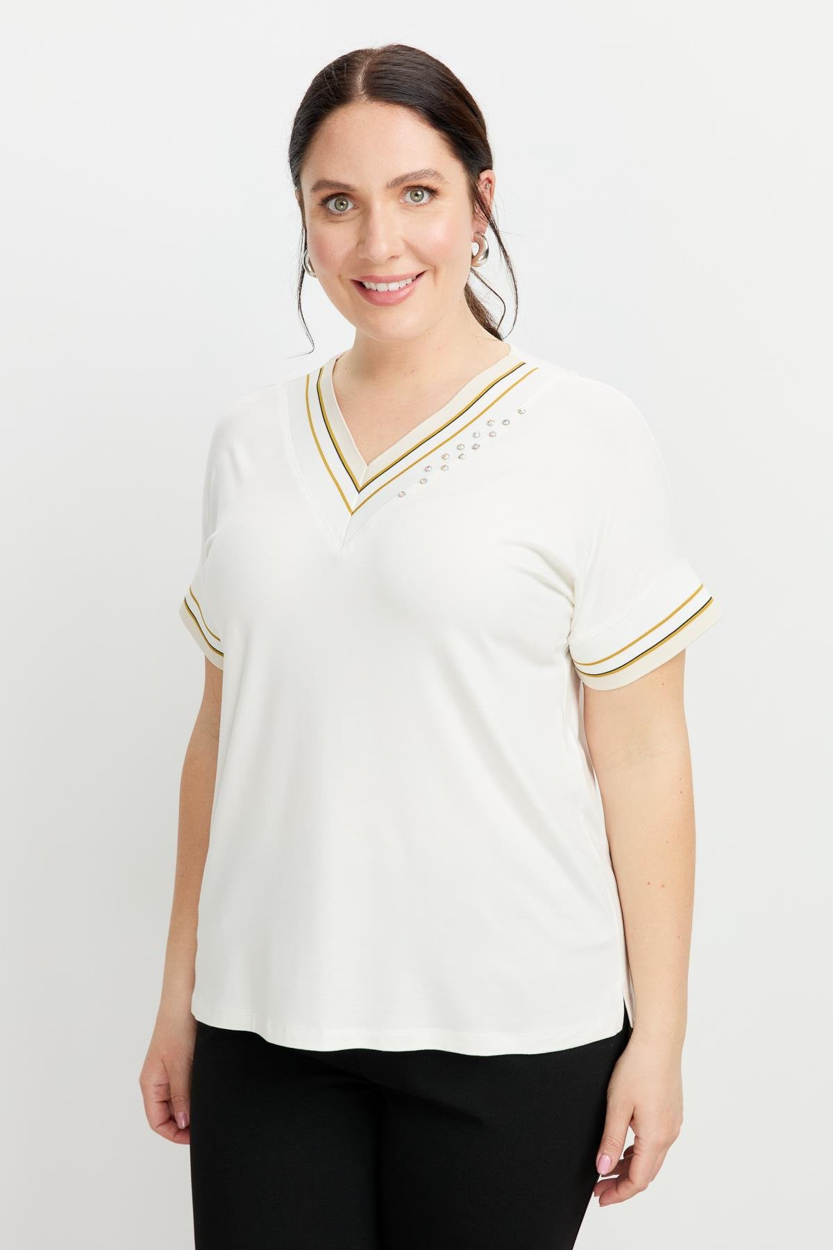 Büyük Beden Taş Detay V Yaka Bluz-KEMIK