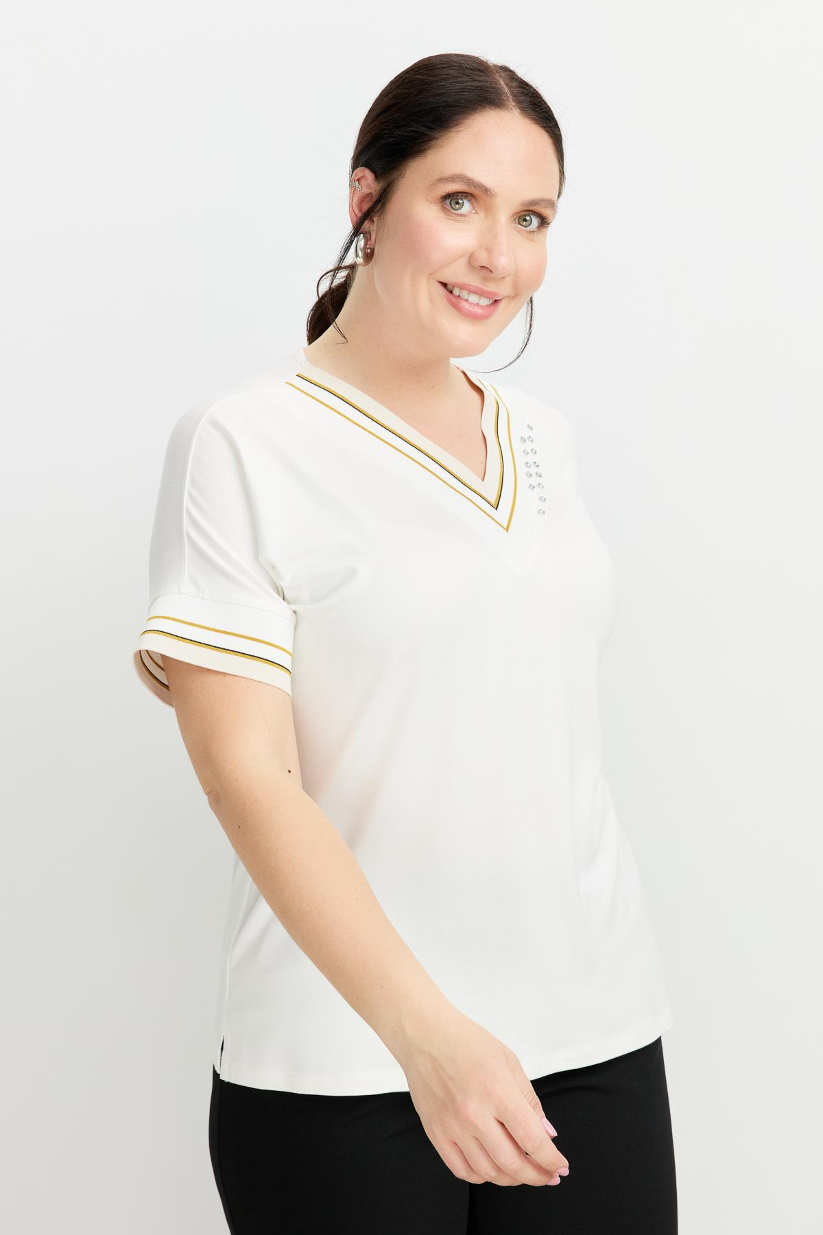 Büyük Beden Taş Detay V Yaka Bluz-KEMIK