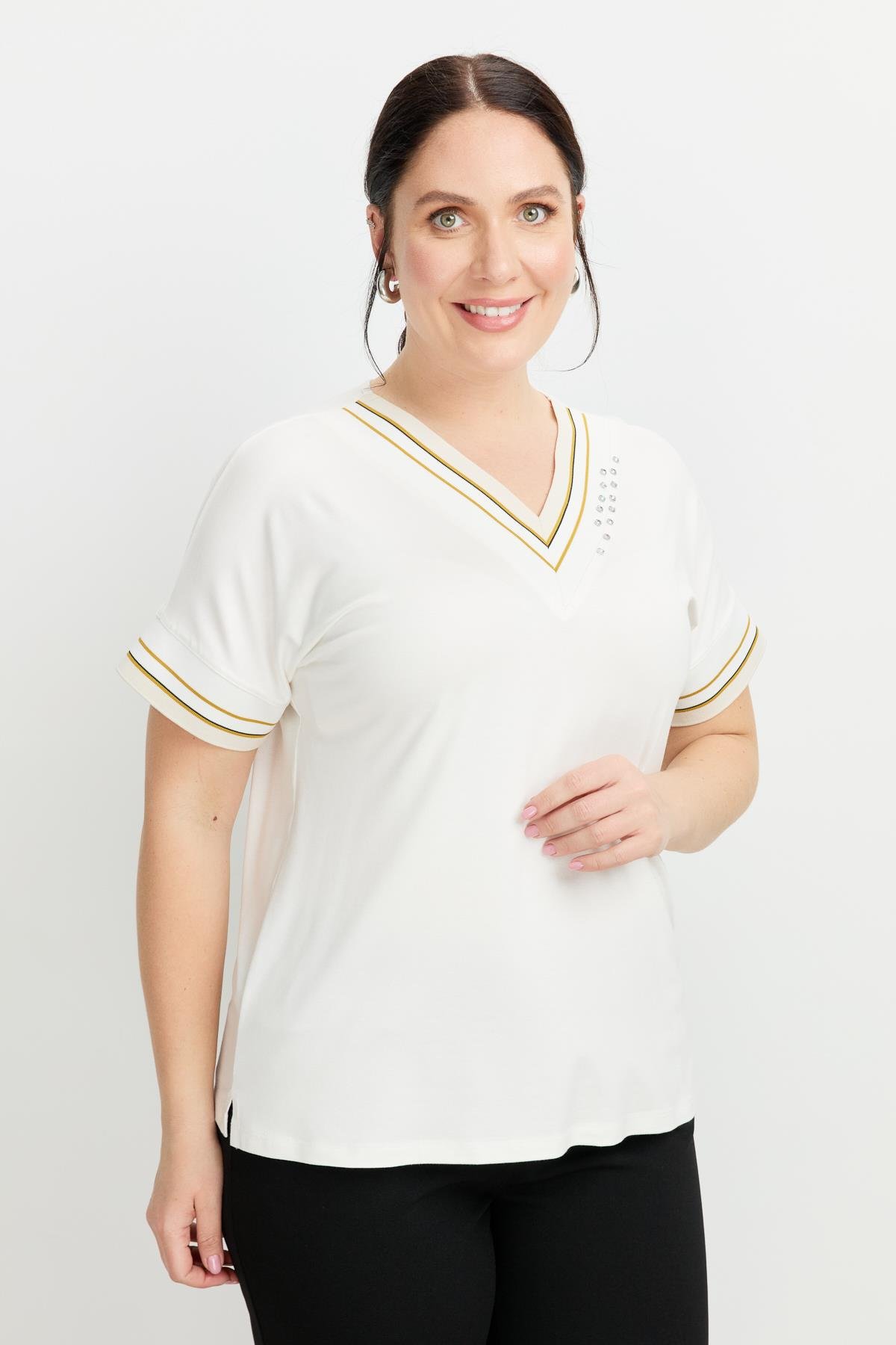 Büyük Beden Taş Detay V Yaka Bluz-KEMIK