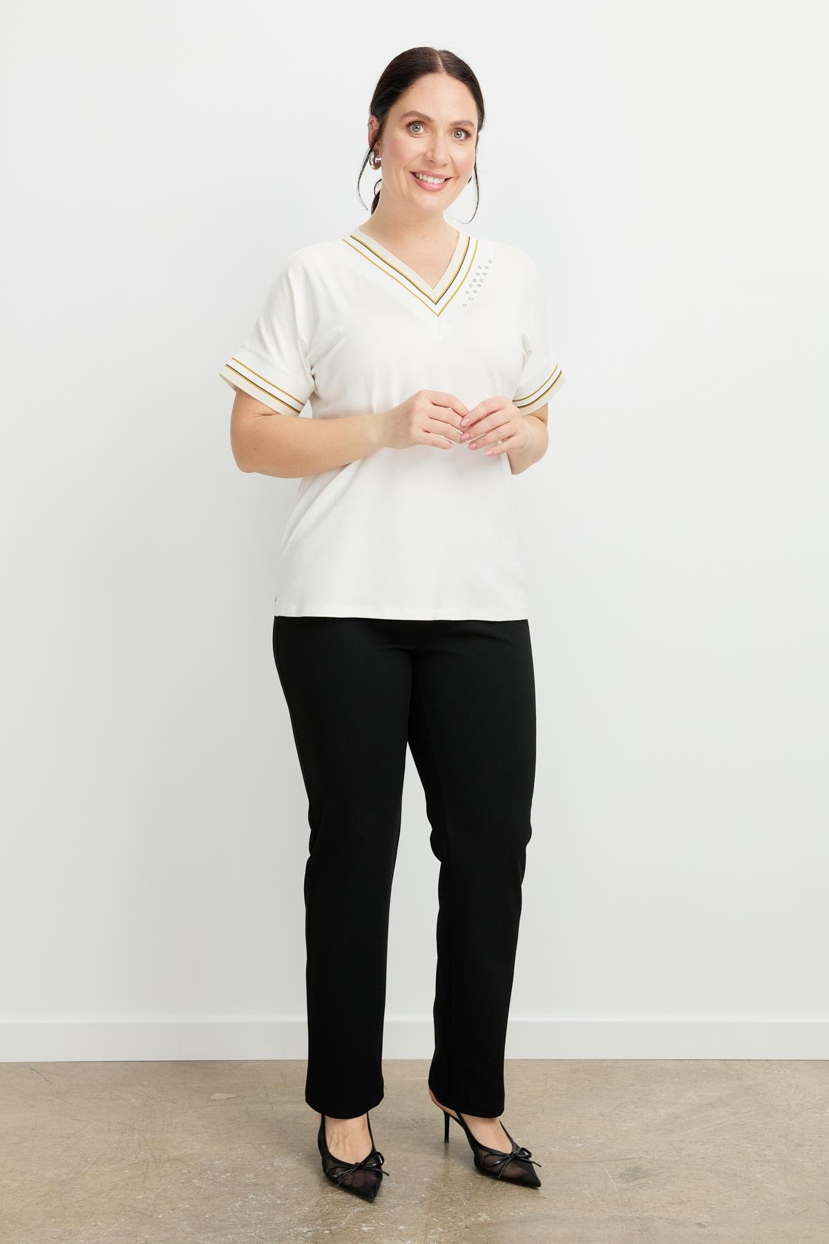 Büyük Beden Taş Detay V Yaka Bluz-KEMIK