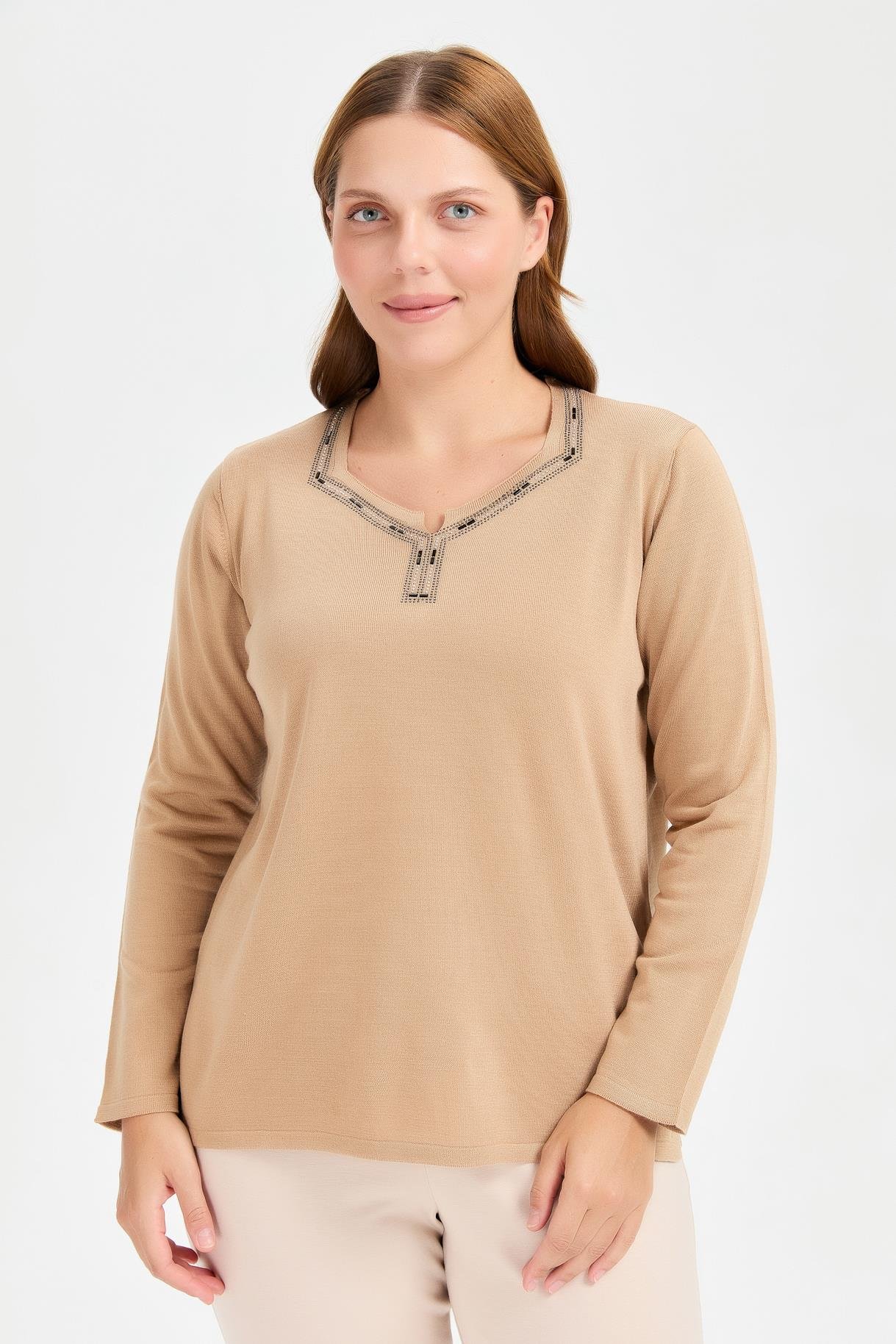 Büyük Beden Taşlı Triko Kazak - CAMEL