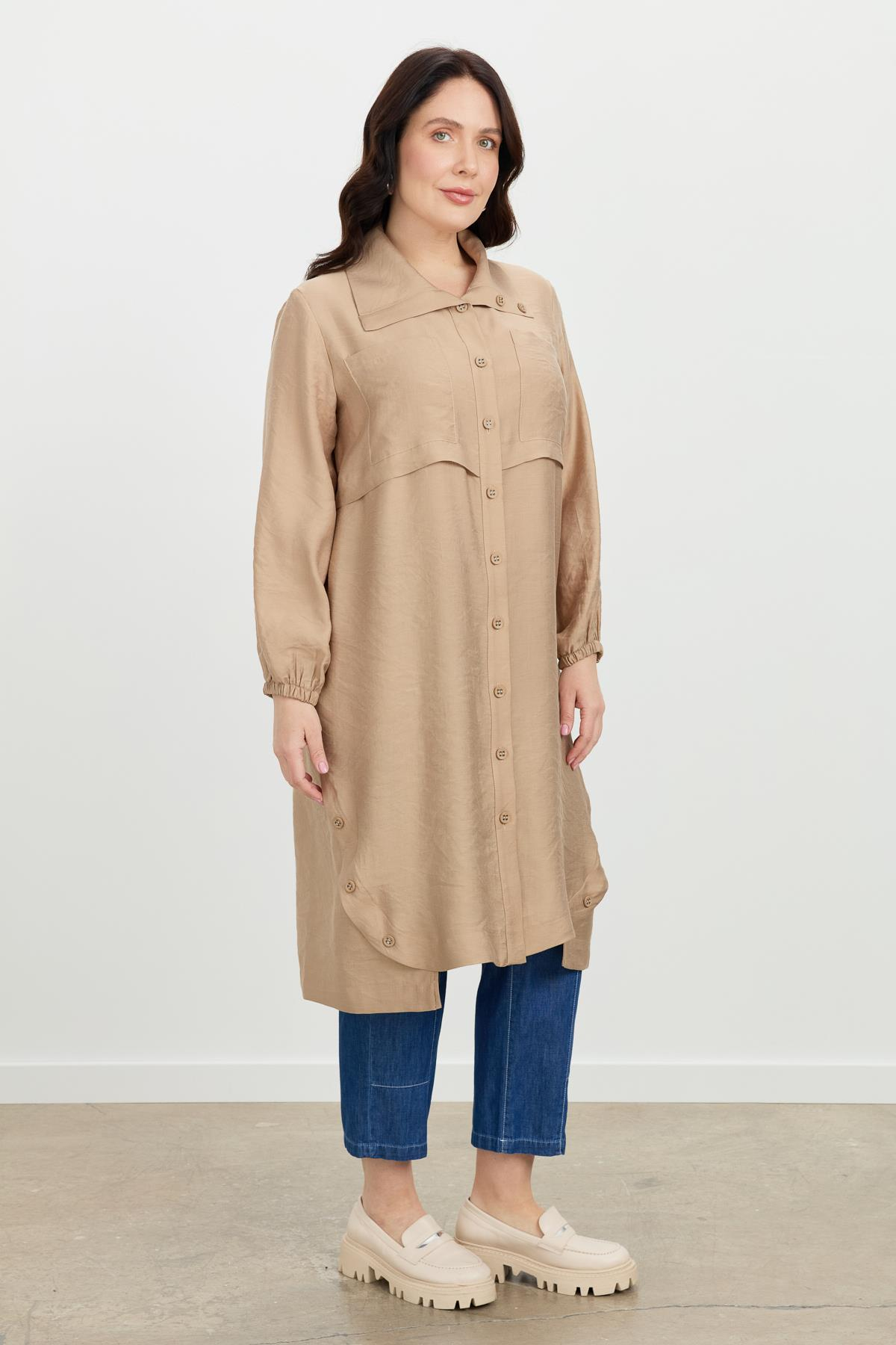 Büyük Beden Tencel Gömlek Tunik-VİZON