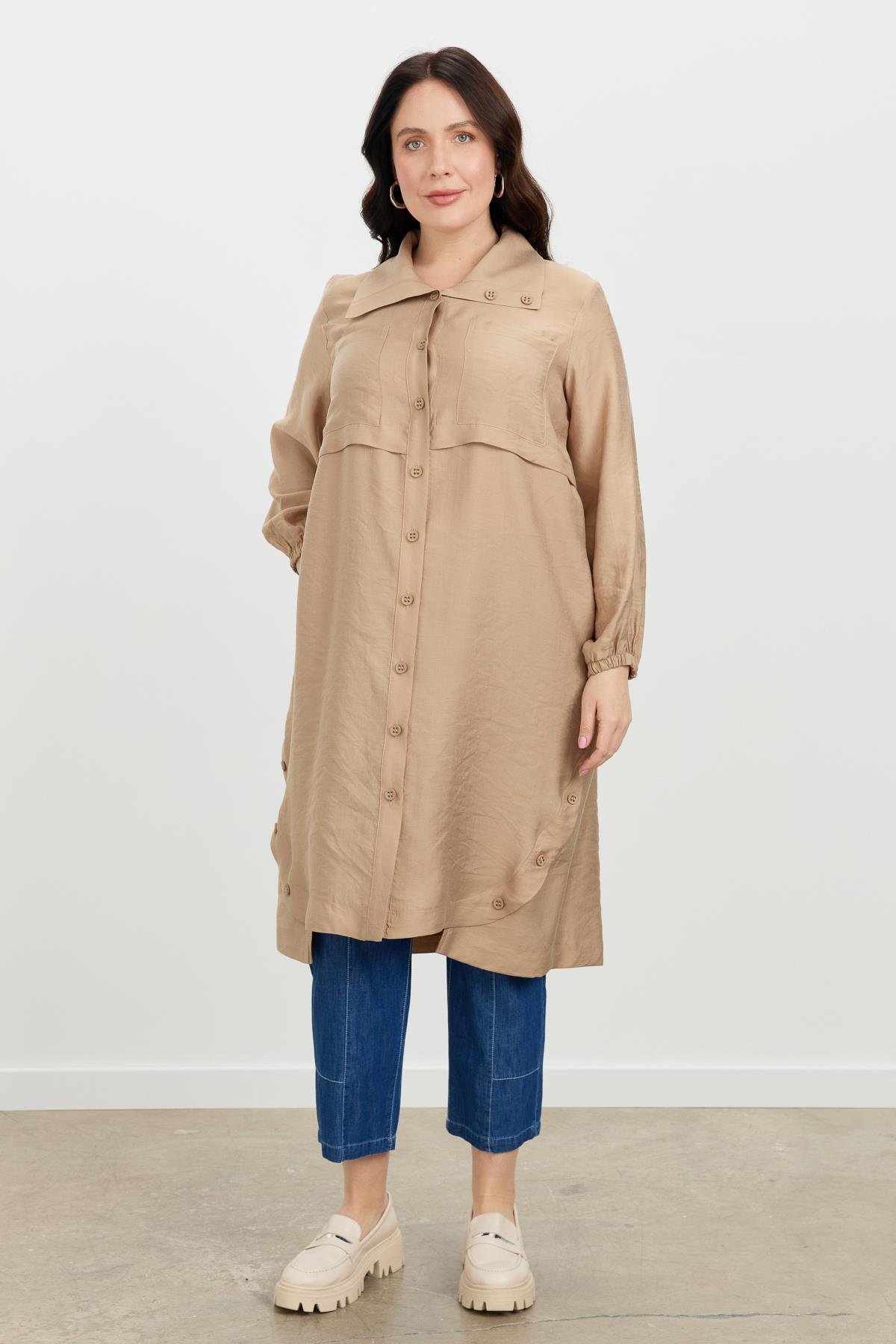 Büyük Beden Tencel Gömlek Tunik-VİZON