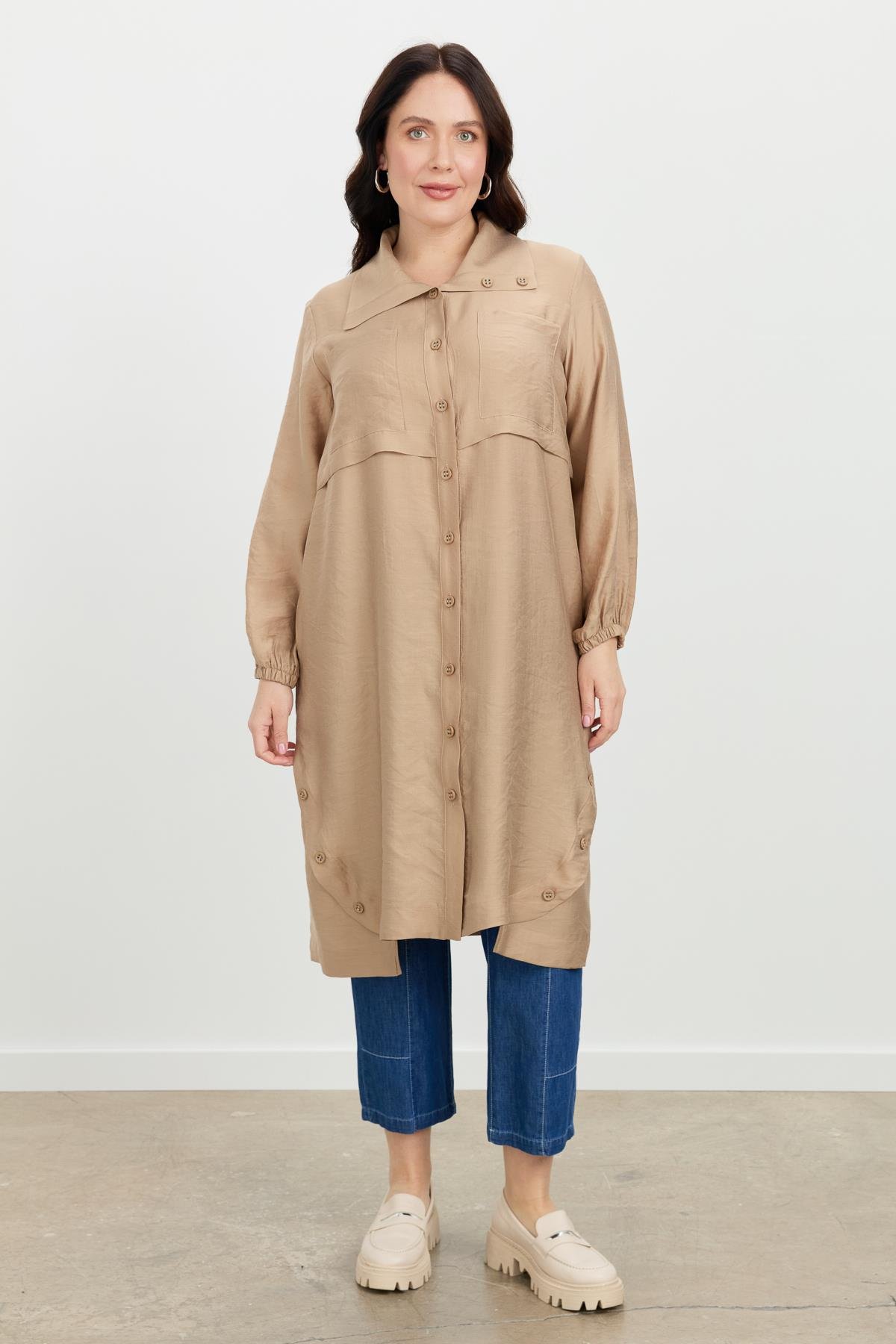 Büyük Beden Tencel Gömlek Tunik-VİZON