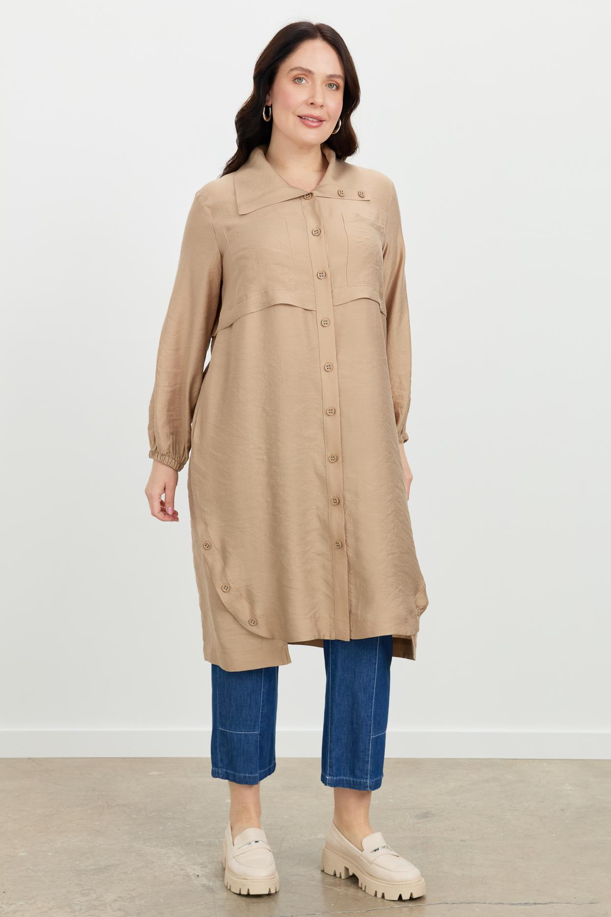 Büyük Beden Tencel Gömlek Tunik-VİZON
