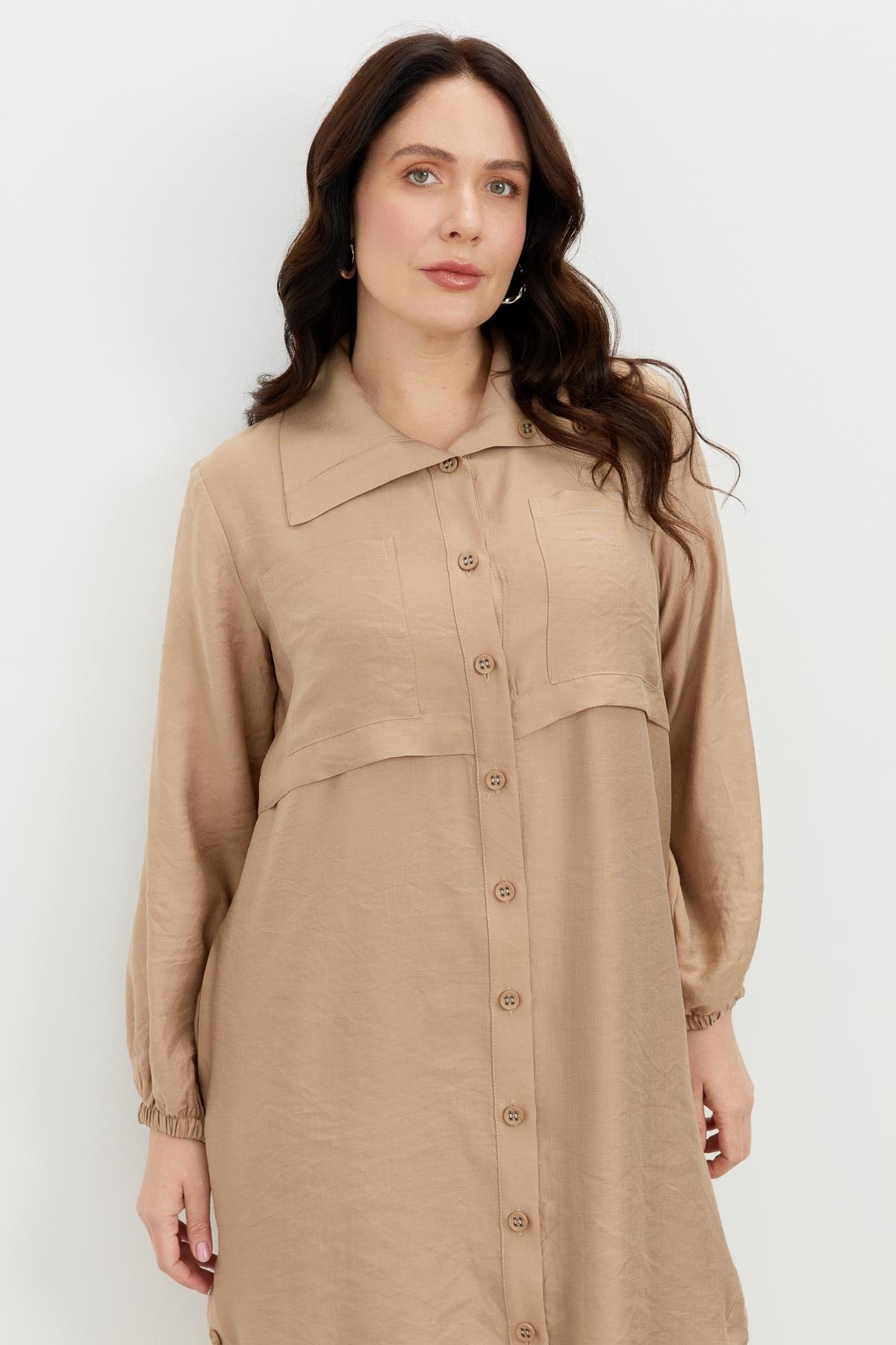 Büyük Beden Tencel Gömlek Tunik-VİZON