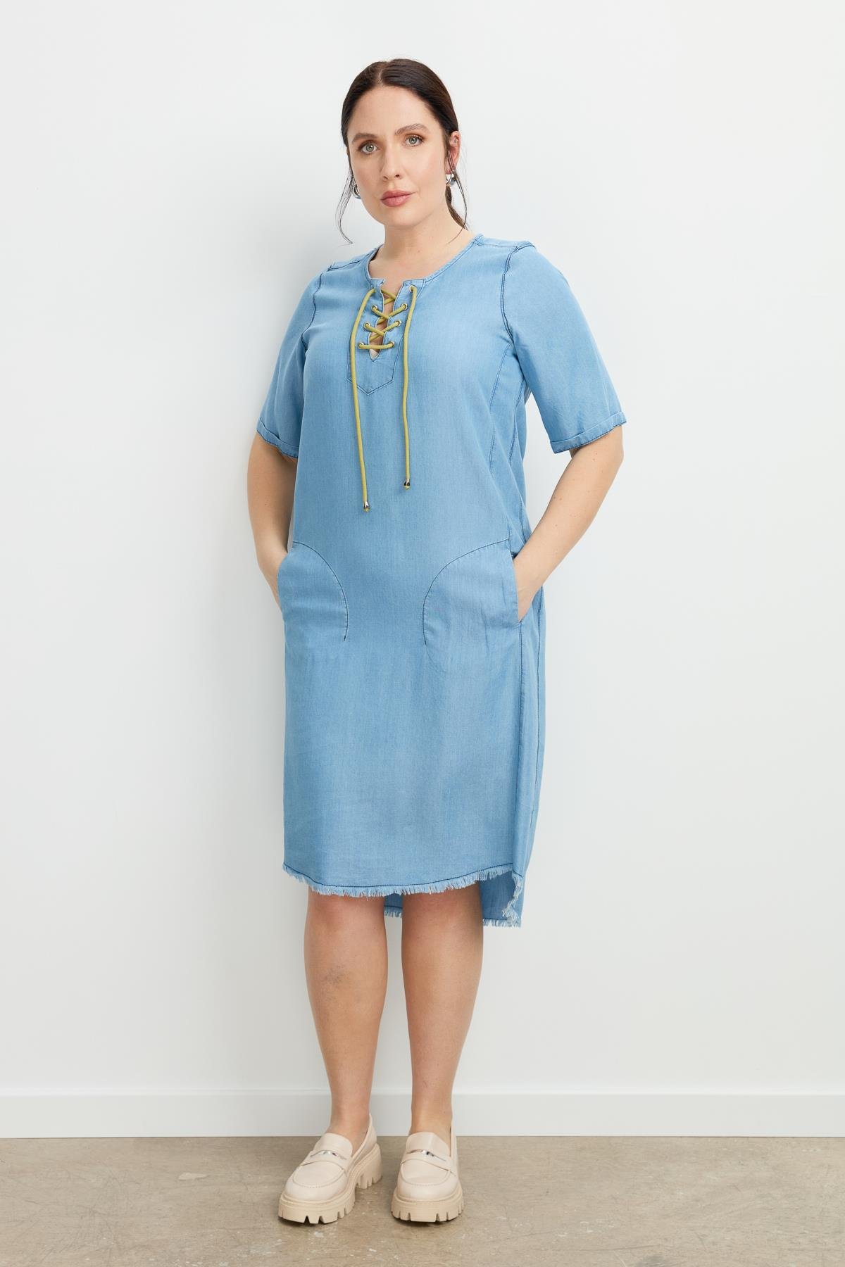 Büyük Beden Tensel Kot Elbise-A.MAVI