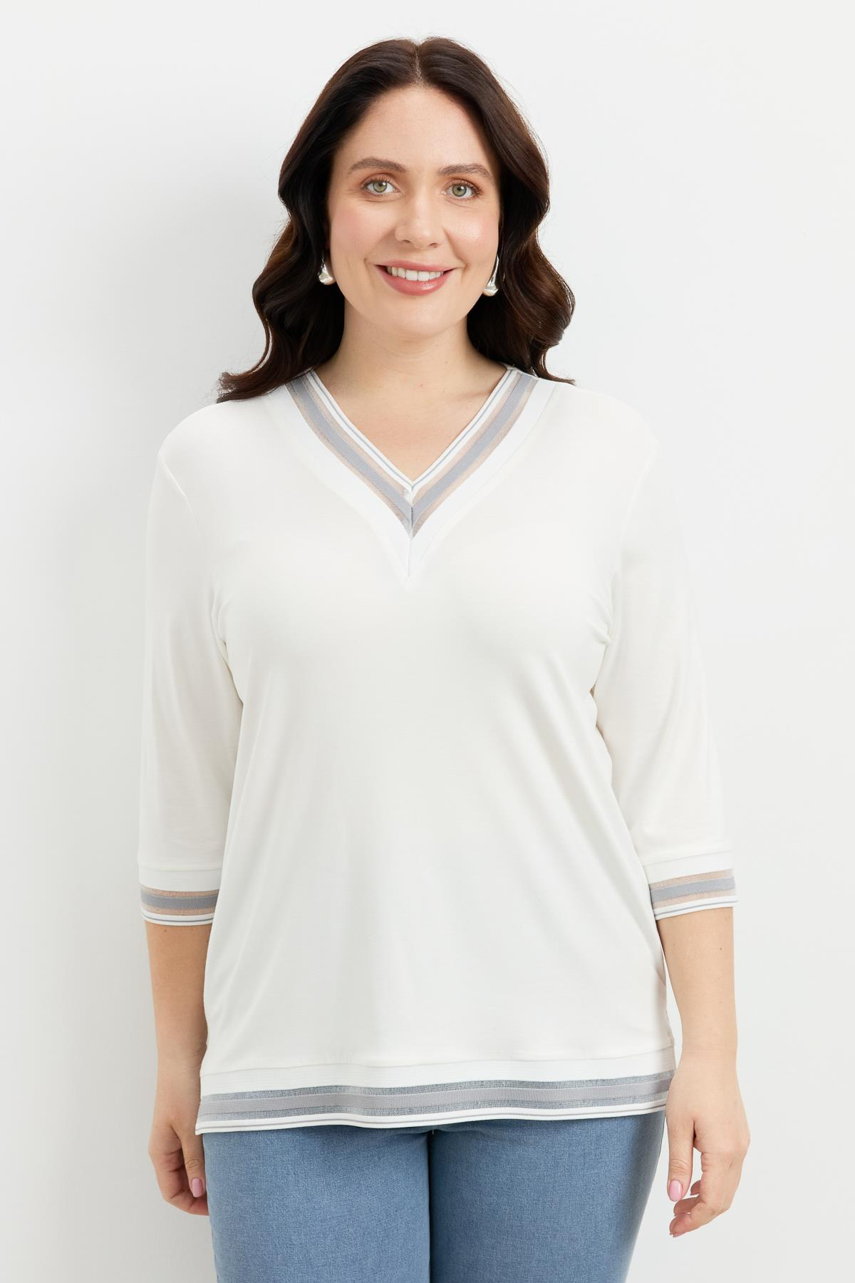 Büyük Beden Tül Şerit Detaylı Bluz-GRİ