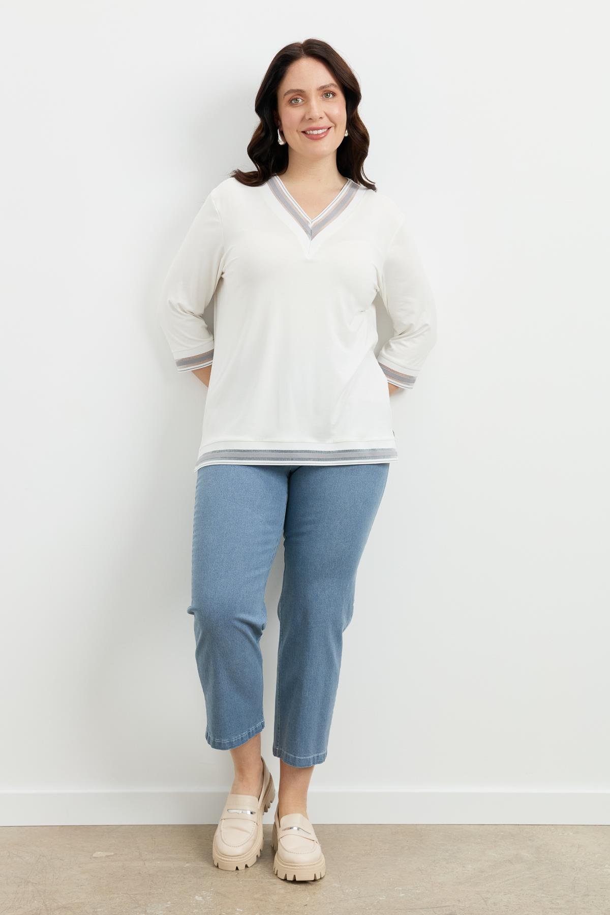 Büyük Beden Tül Şerit Detaylı Bluz-GRİ