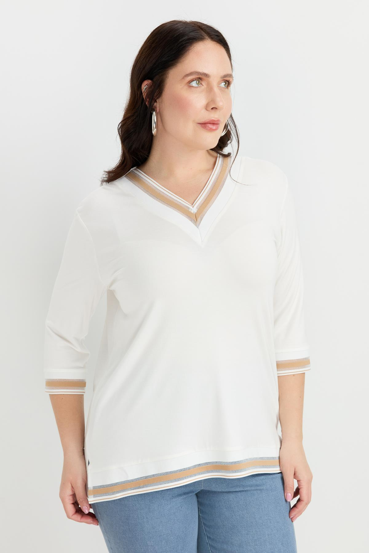 Büyük Beden Tül Şerit Detaylı Bluz-TAŞ