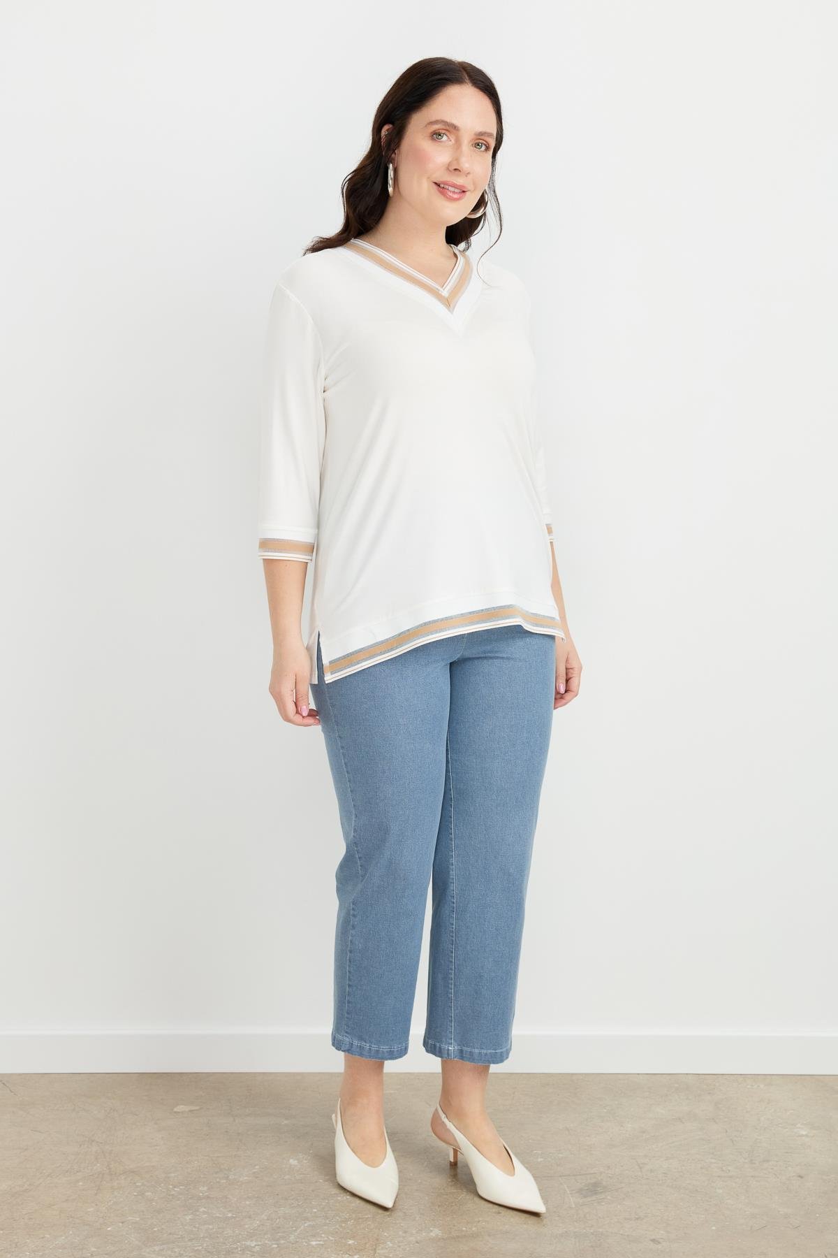 Büyük Beden Tül Şerit Detaylı Bluz-TAŞ