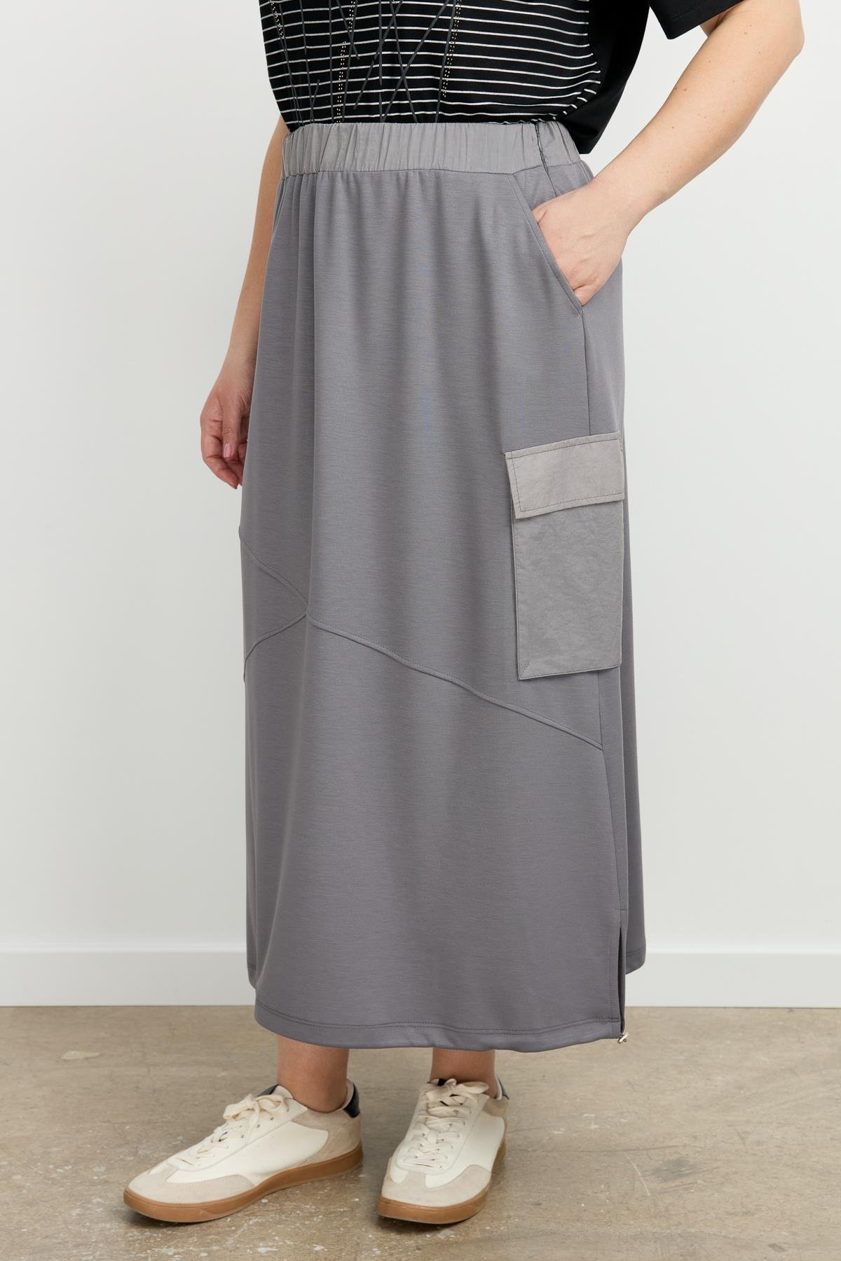 Büyük Beden Ucu Büzgülü Uzun Etek-K.GRİ