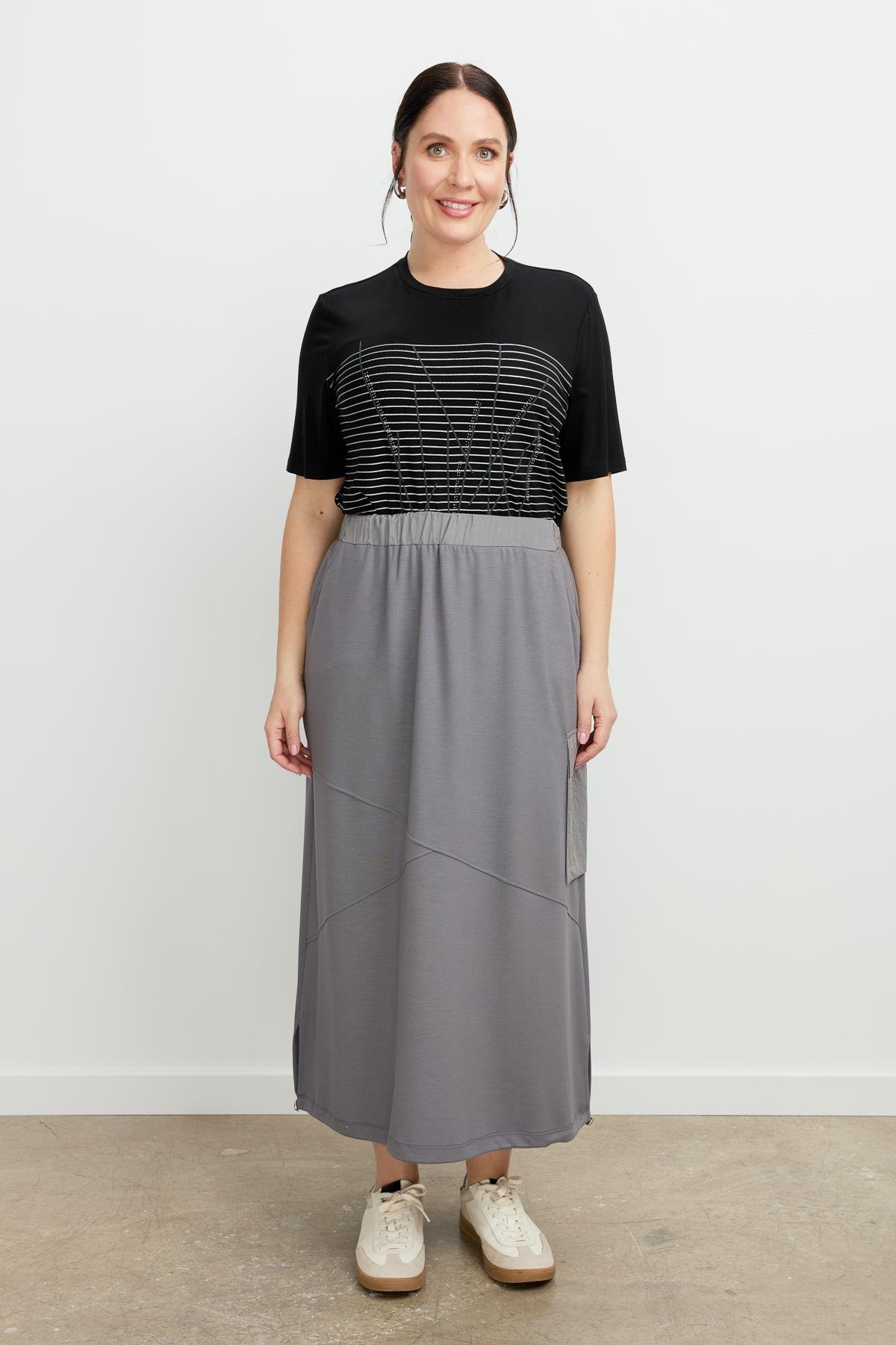 Büyük Beden Ucu Büzgülü Uzun Etek-K.GRİ