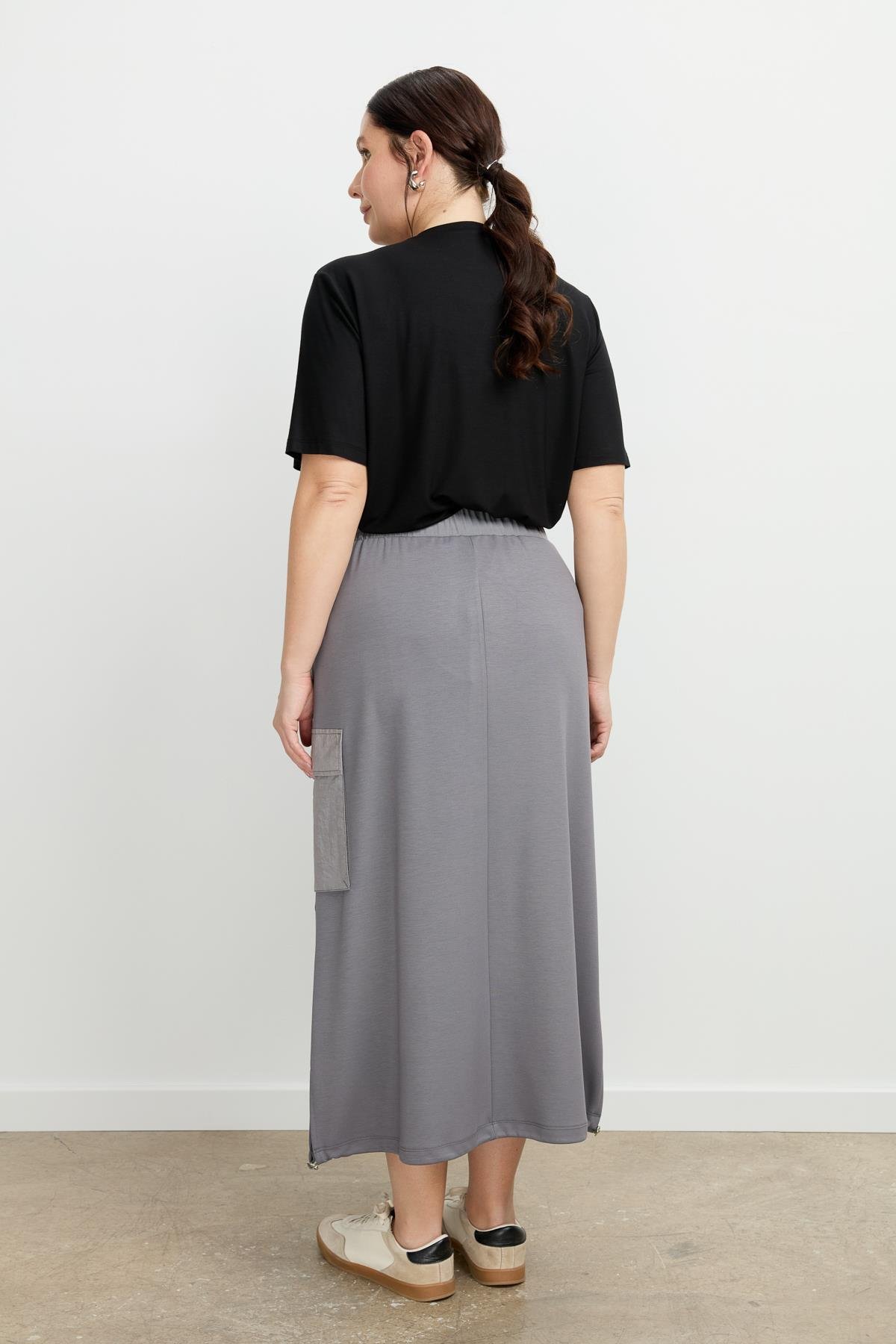 Büyük Beden Ucu Büzgülü Uzun Etek-K.GRİ