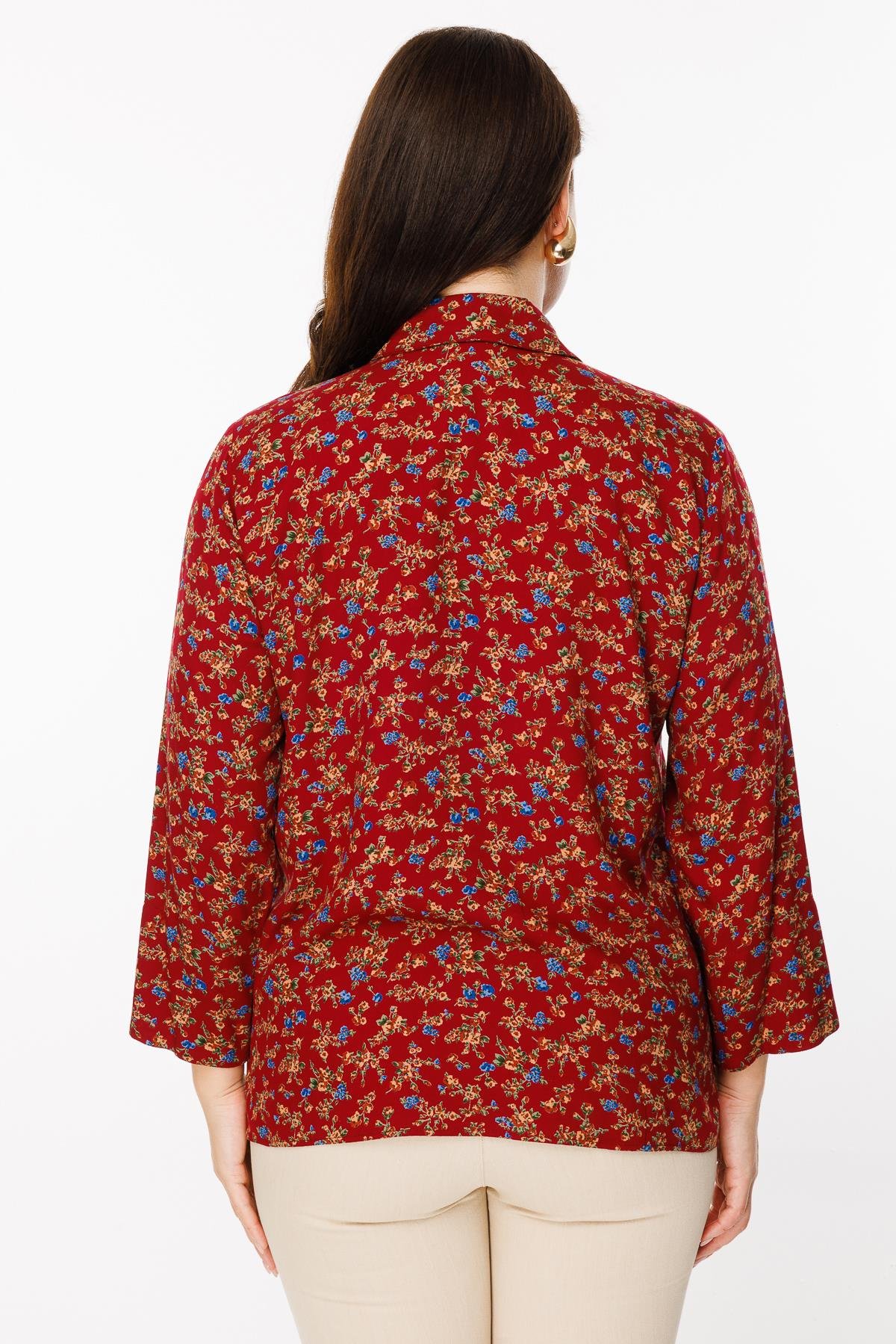 Büyük Beden Uzun Kollu Çiçekli Gömlek - BORDO