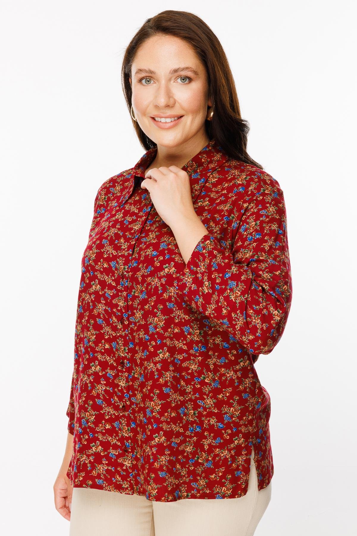Büyük Beden Uzun Kollu Çiçekli Gömlek - BORDO