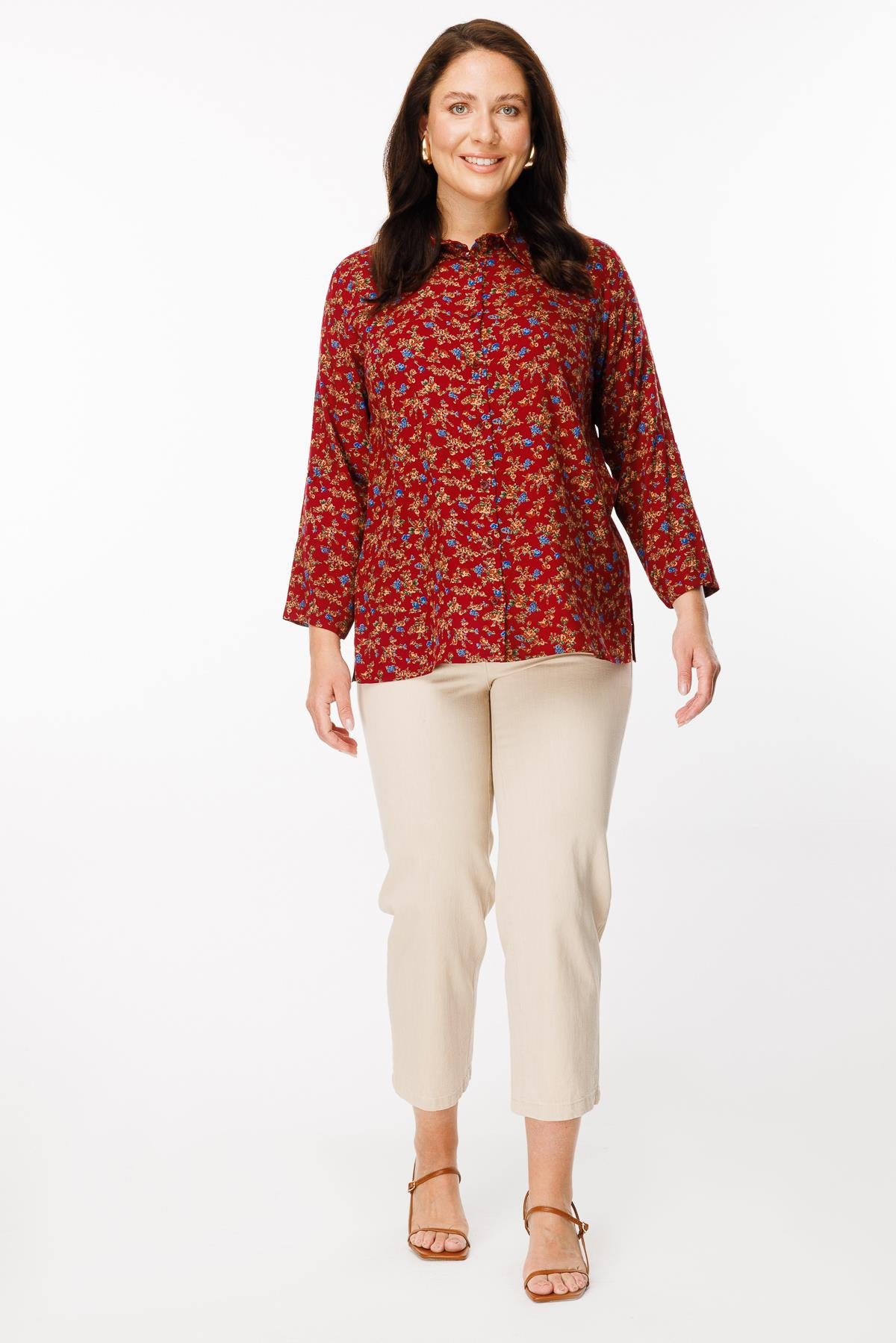 Büyük Beden Uzun Kollu Çiçekli Gömlek - BORDO