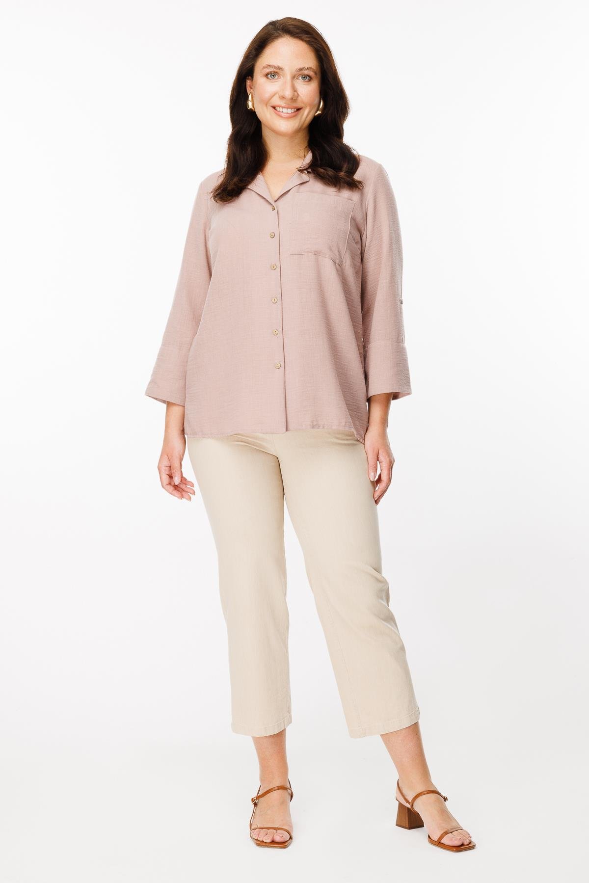 Büyük Beden Uzun Kollu Keten Gömlek - GÜL KURUSU