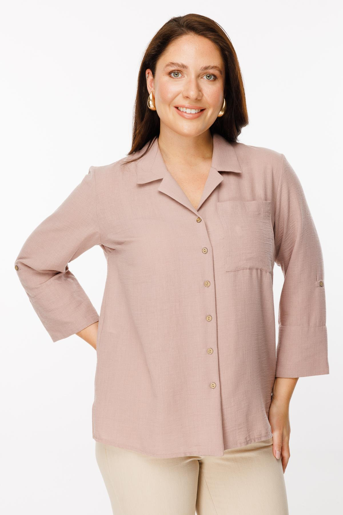 Büyük Beden Uzun Kollu Keten Gömlek - GÜL KURUSU