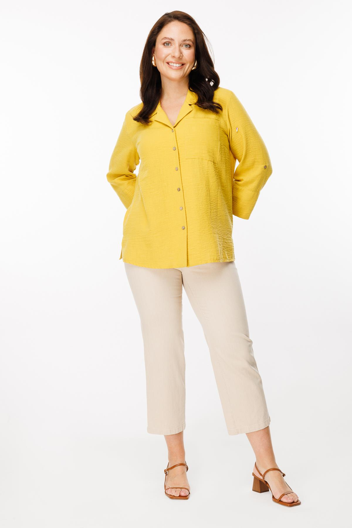 Büyük Beden Uzun Kollu Keten Gömlek - SAFRAN