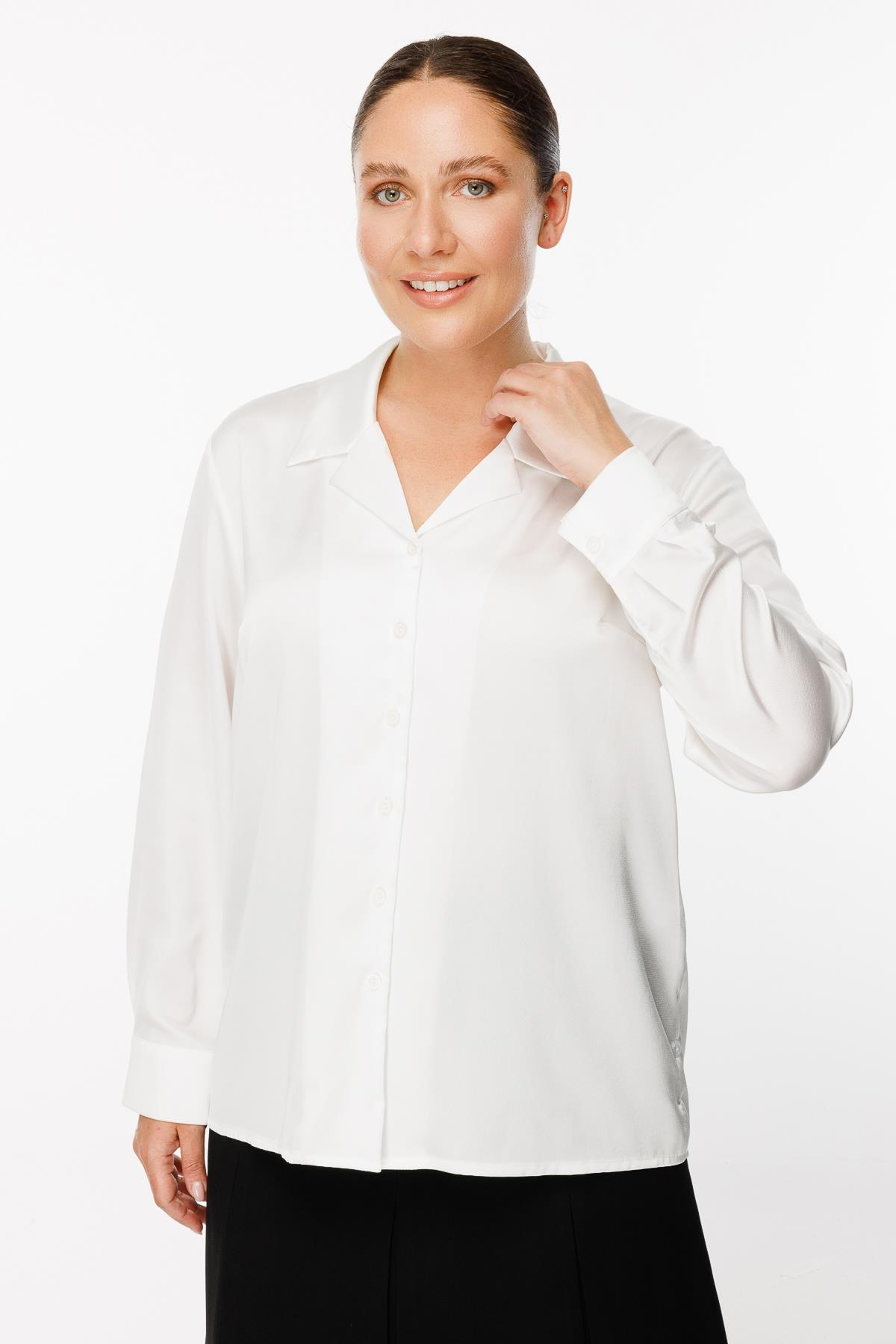 Büyük Beden Uzun Kollu Saten Gömlek - KEMIK