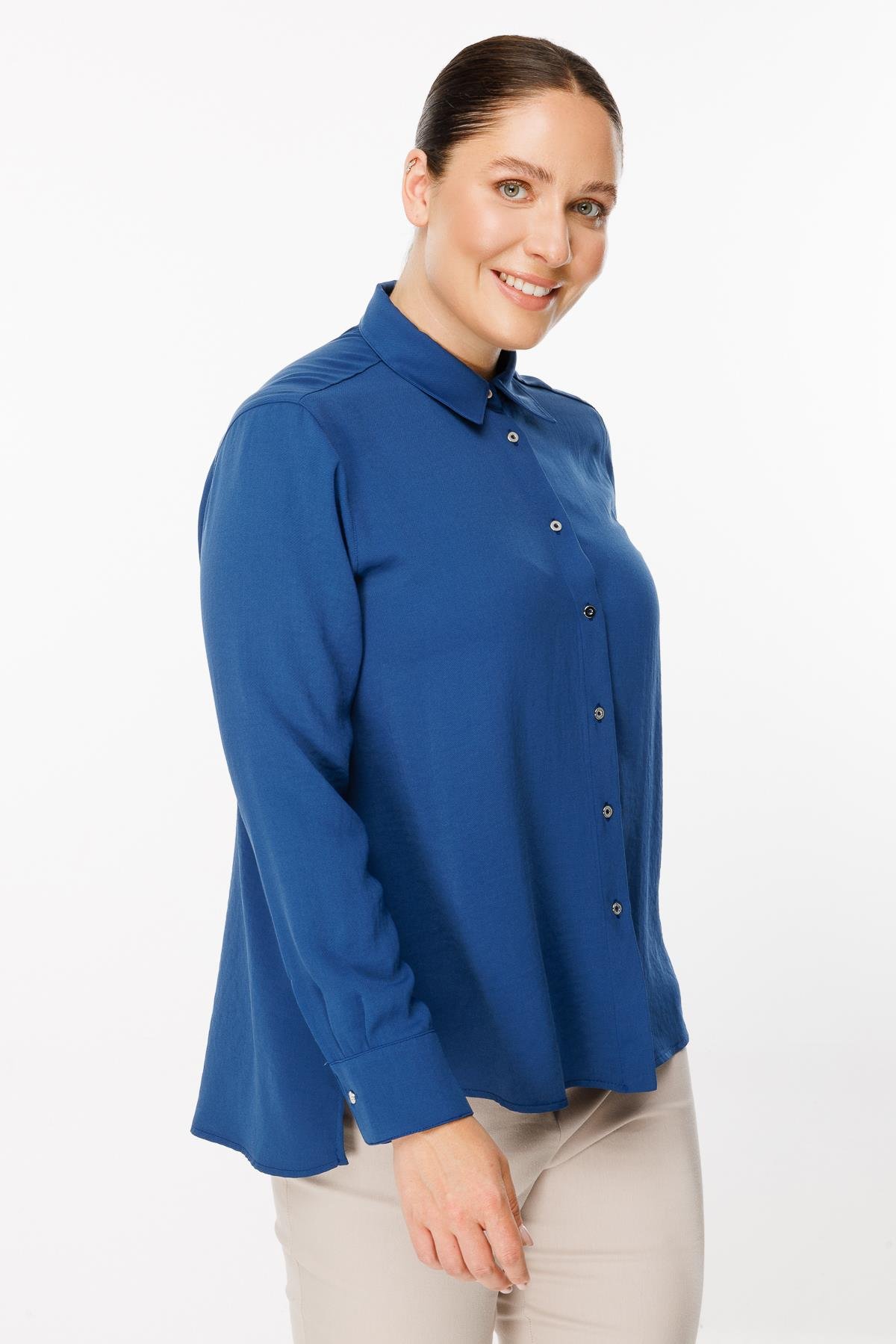 Büyük Beden Uzun Kollu Yanı Yırtmaçlı Gömlek - İNDİGO