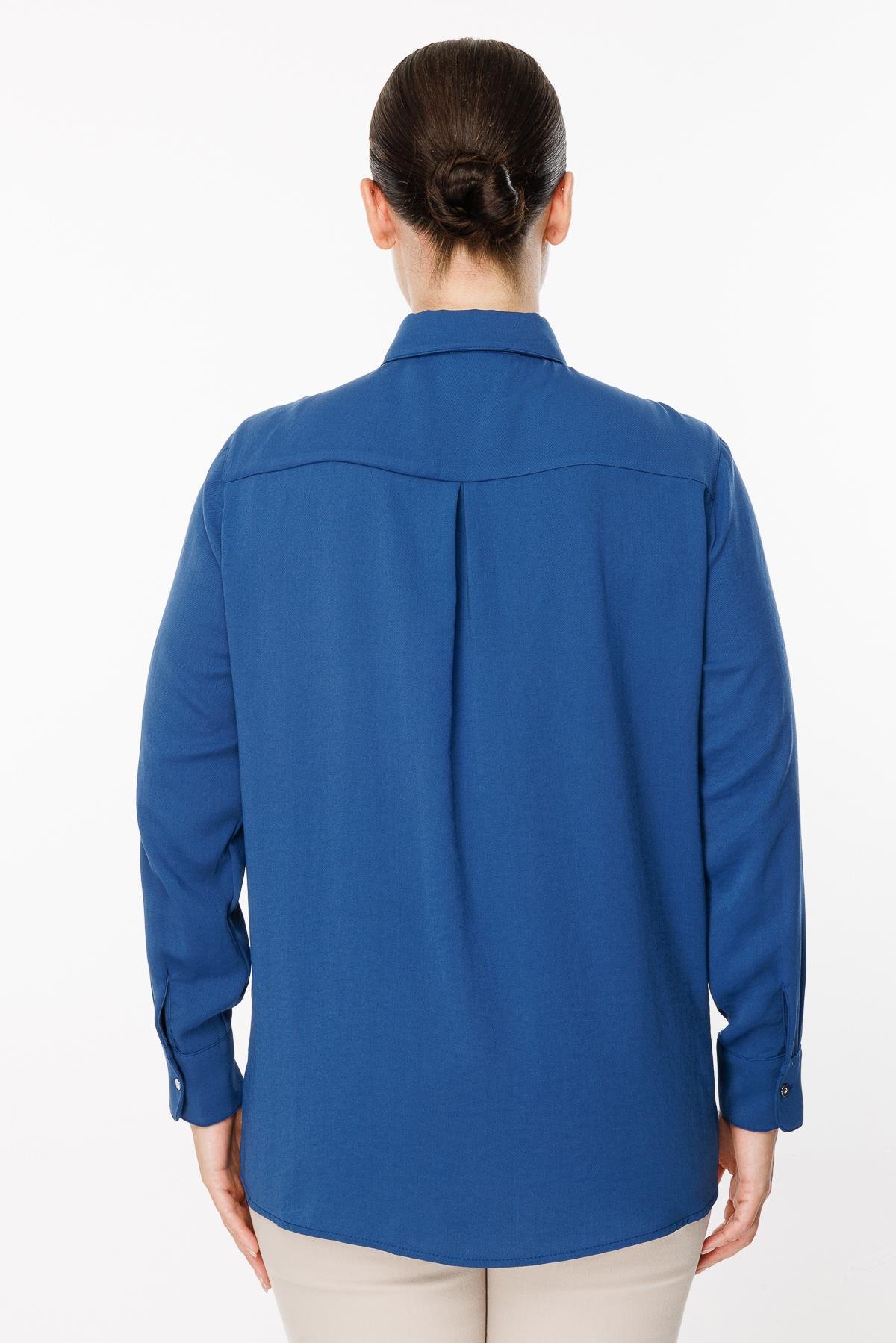 Büyük Beden Uzun Kollu Yanı Yırtmaçlı Gömlek - İNDİGO