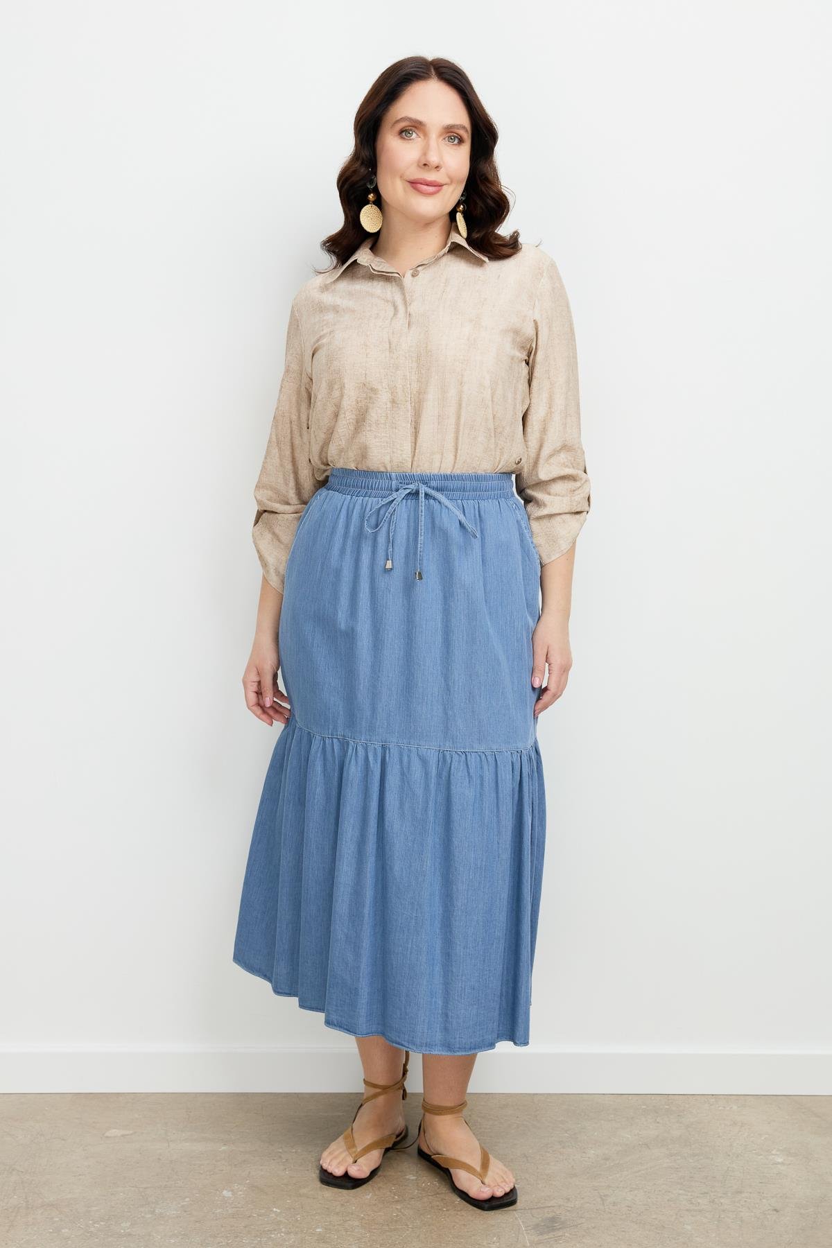 Büyük Beden Volanlı Uzun Etek-MAVİ