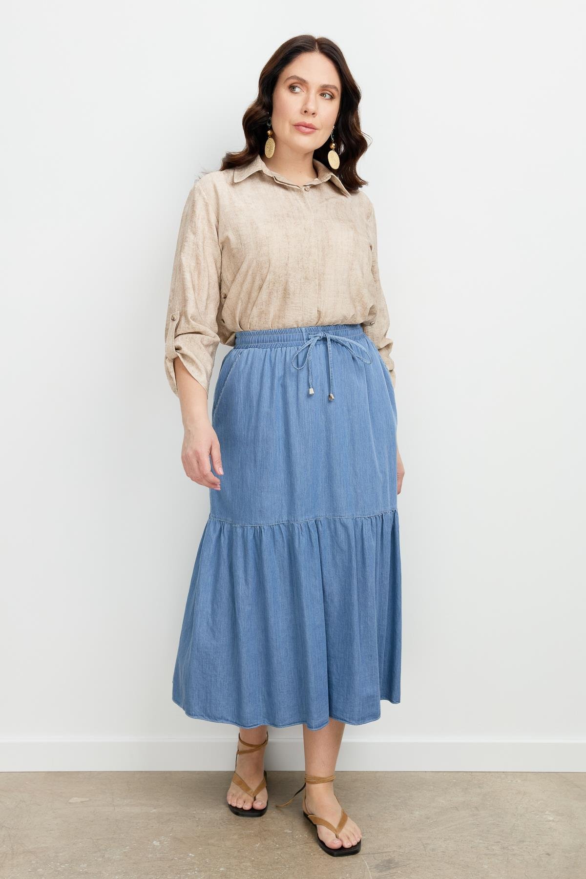 Büyük Beden Volanlı Uzun Etek-MAVİ