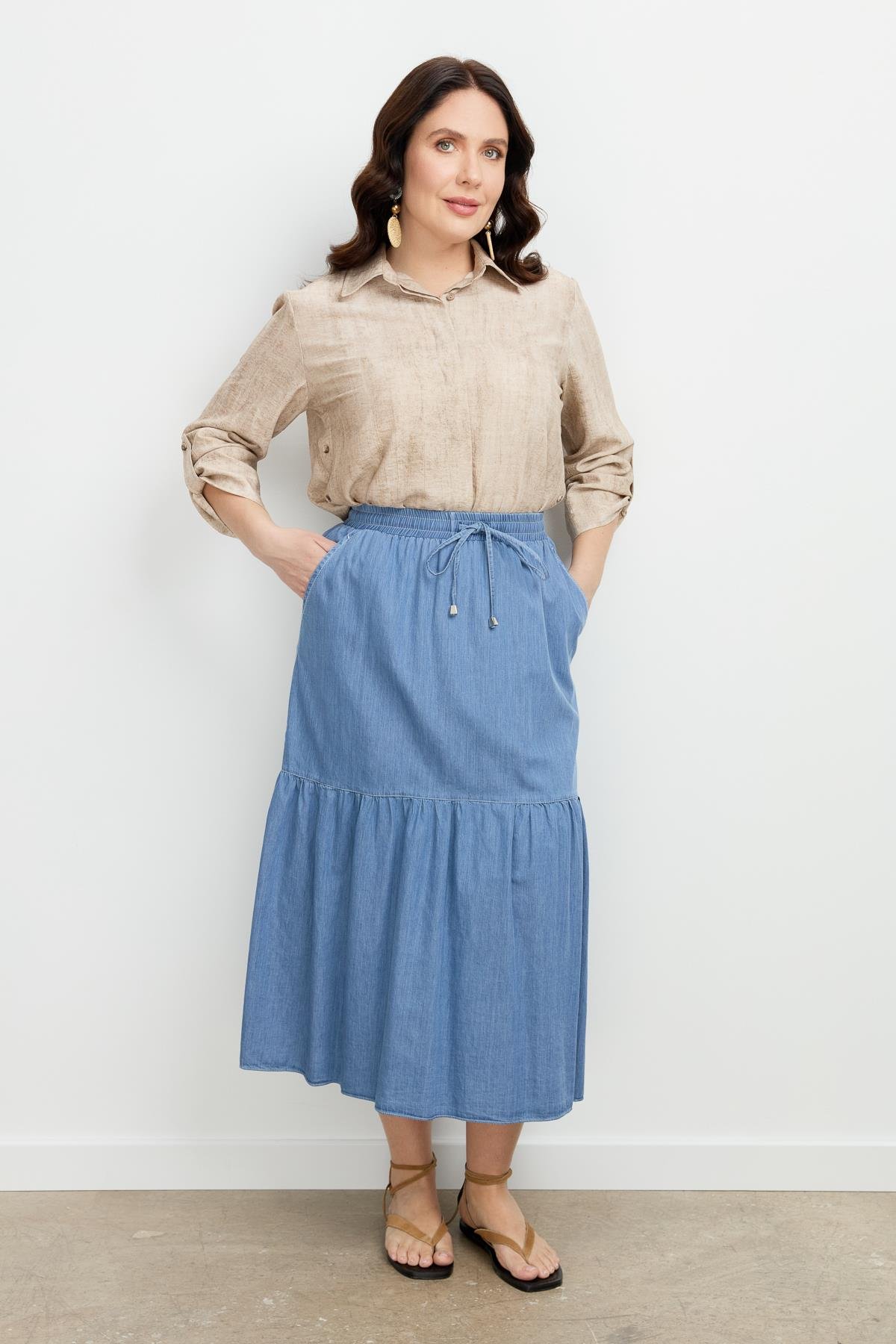 Büyük Beden Volanlı Uzun Etek-MAVİ